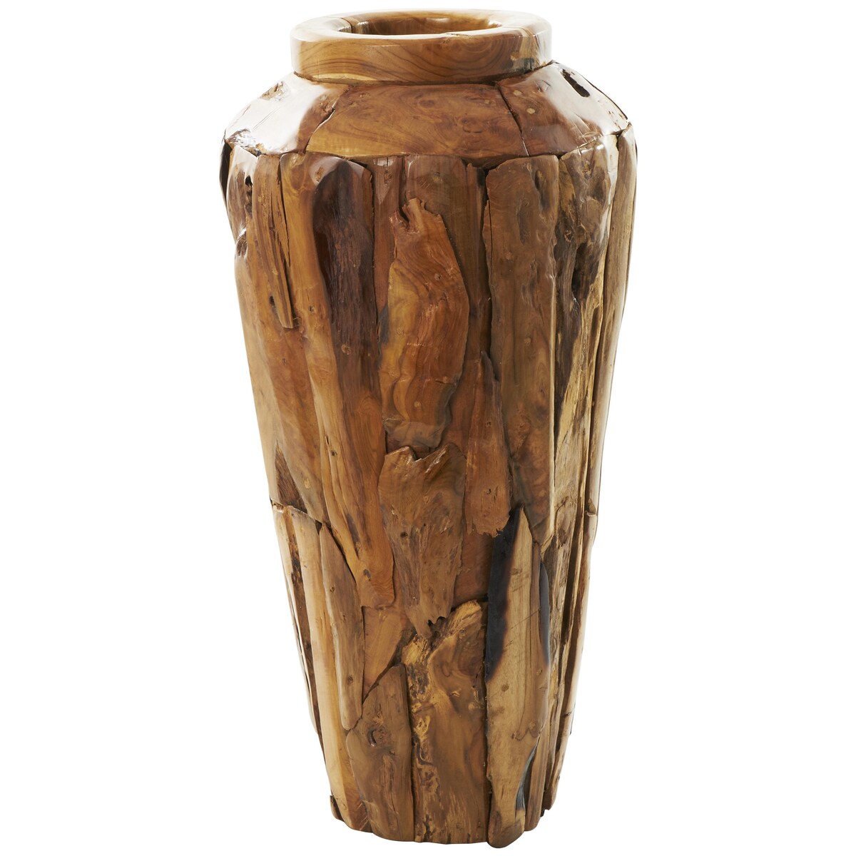 Teak Wood Handmade Floor Decorative Vase with Mosaic Live Edge Pieces - Brown - Roche River Decor