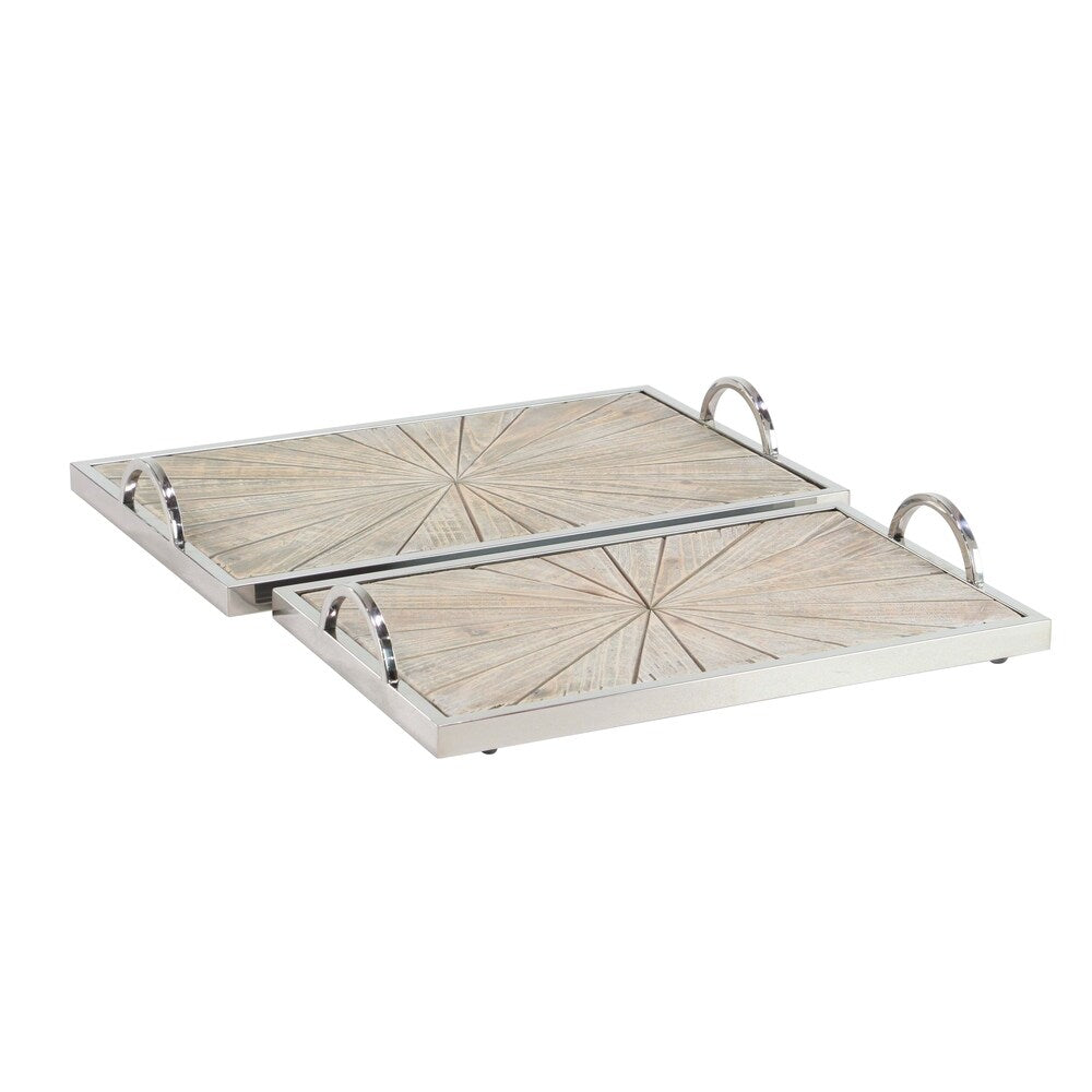 Set of 2 Contemporary Pine Wood and Stainless Steel Burst Trays