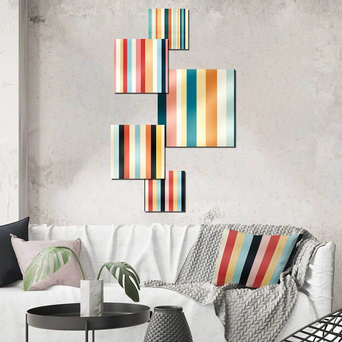 Designart Nomadic Blend Striped Pattern I Abstract Wall Art Set of 5 - Modern Teal Metal Art Living Room Set