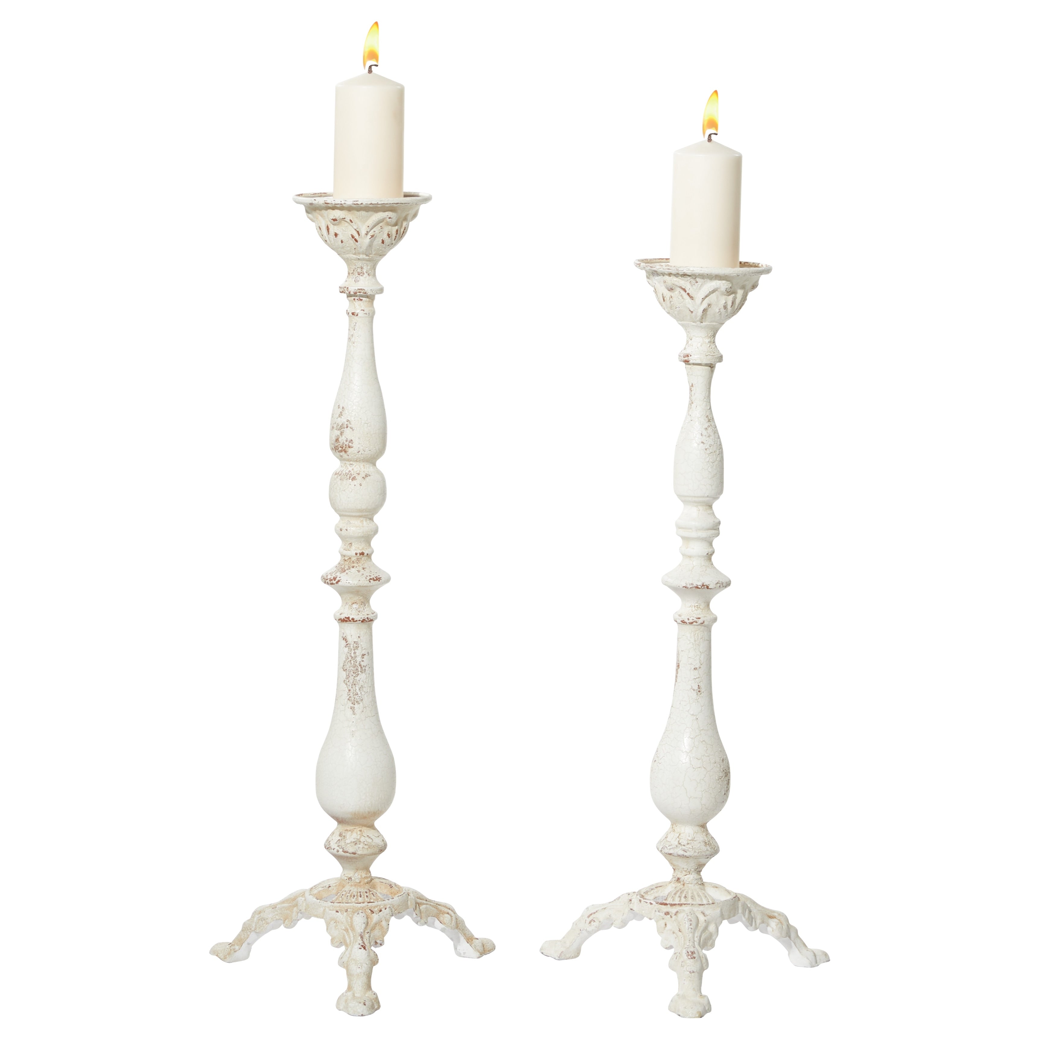 Vintage White Metal Candle Holders with Turned Columns and Tripod Bases Set of 2 12 x 33 12 x 30 - 12 x 12 x 33