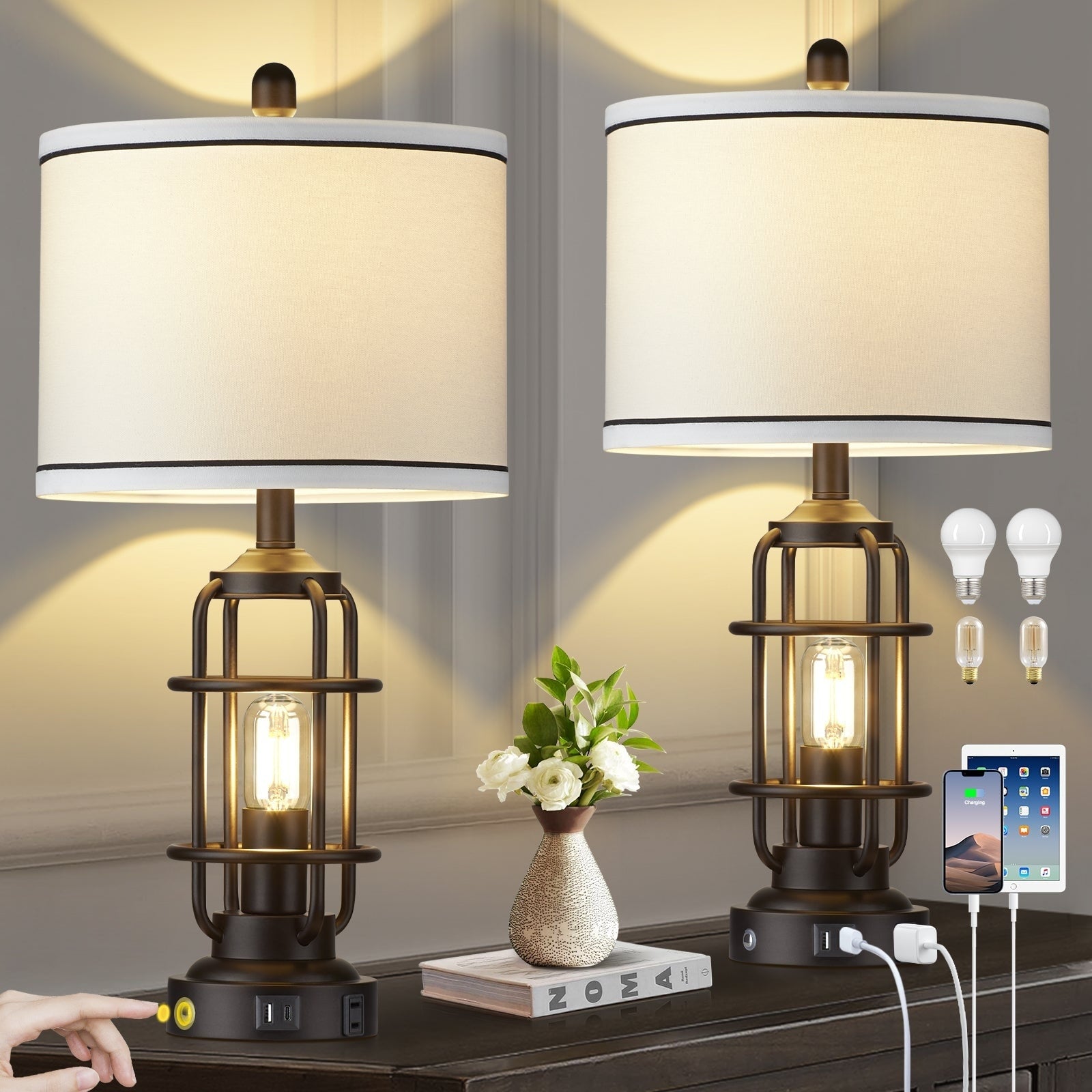 Black Metal Table Lamps Nightlight 2in1 Knockdown Drum Shade & Independent Rotary Switch & Touch Dimming Switch (Set of 2)