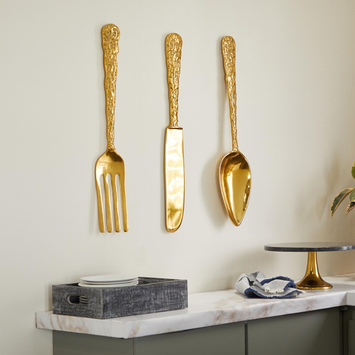 Aluminum Metal Utensils Knife, Spoon and Fork Home Wall Decor - Set of 3 Gold - Roche River Decor