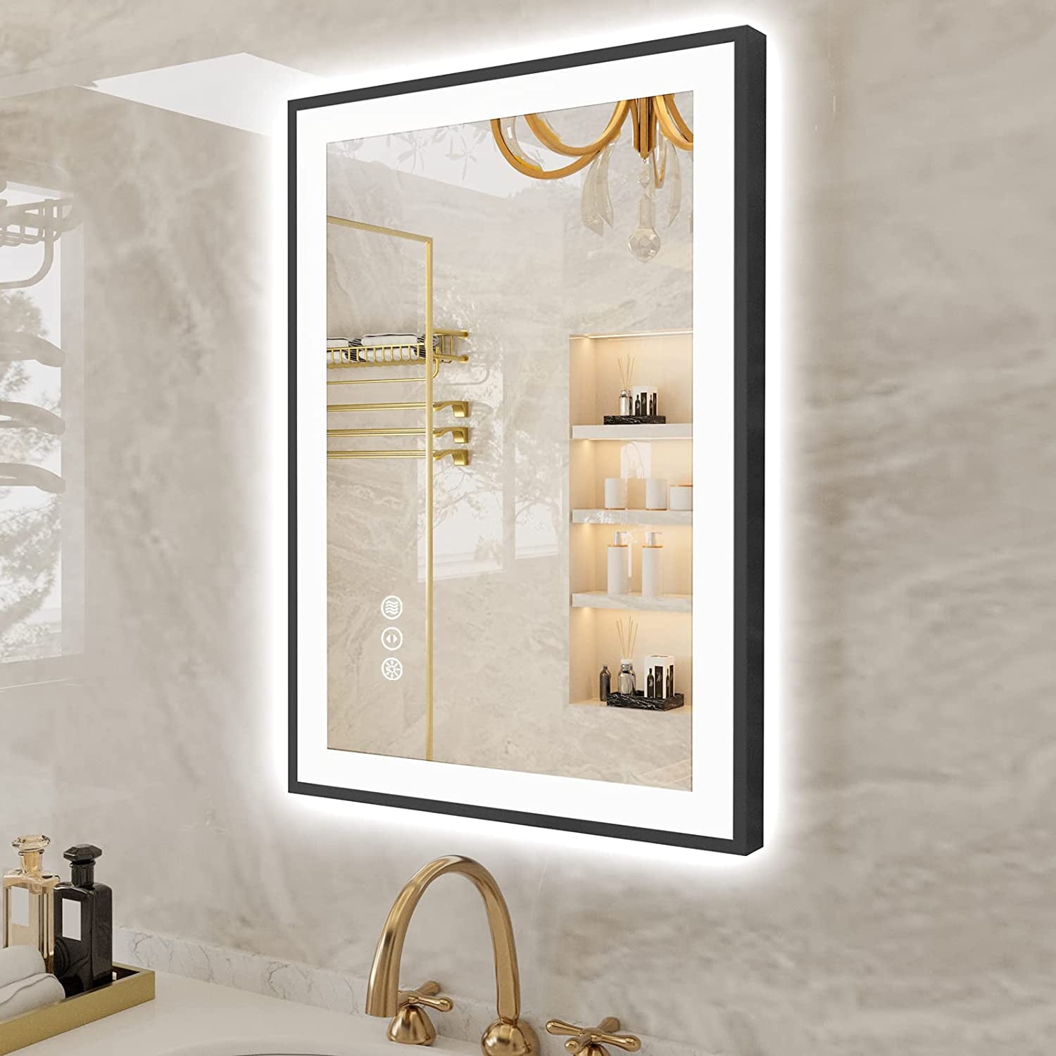 Apmir Metal Black Frame Back & Front LED Lighted Bathroom Vanity Mirror with Anti-Fog Tempered Glass