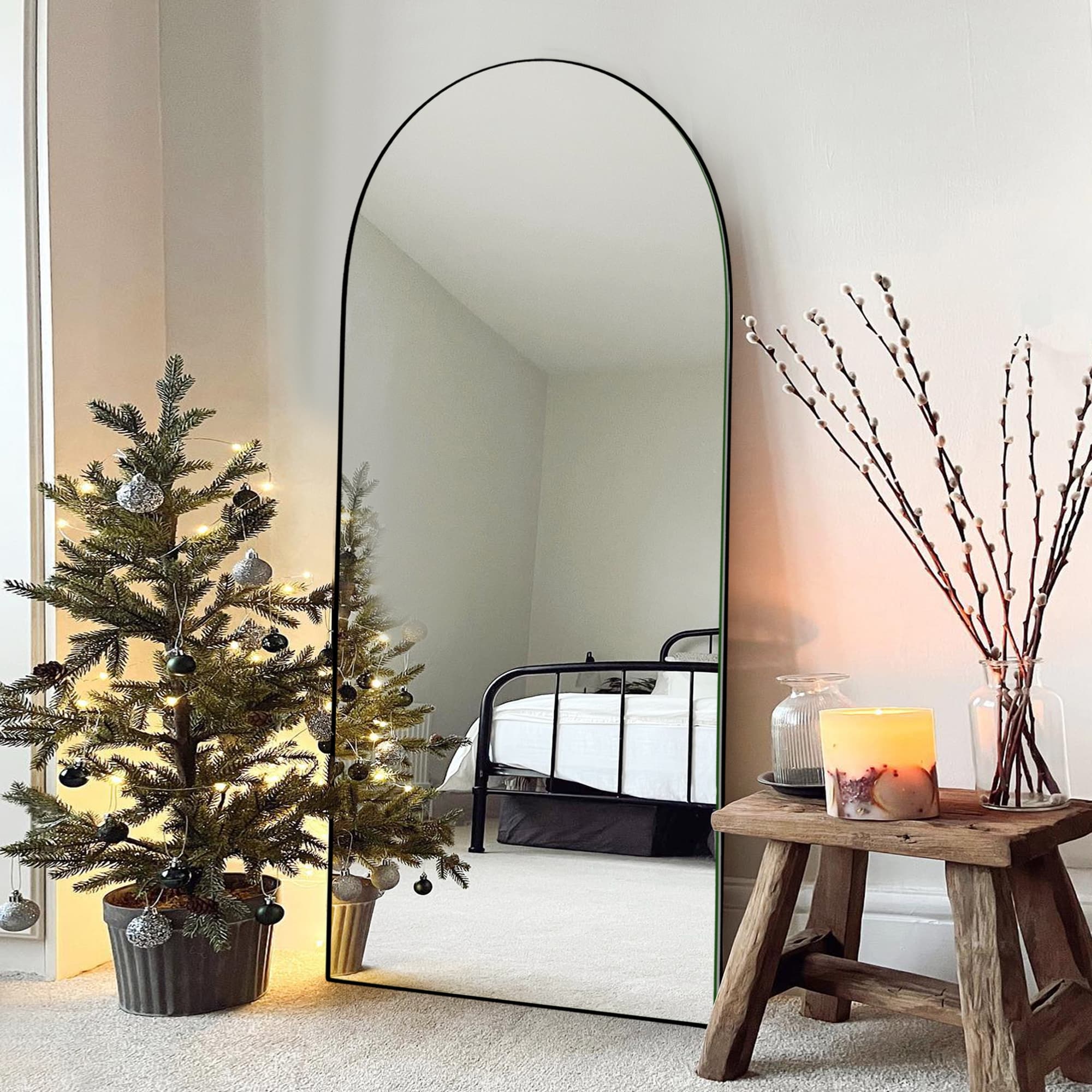 Modern Arched Full-Length Wood Floor Standing Mirror