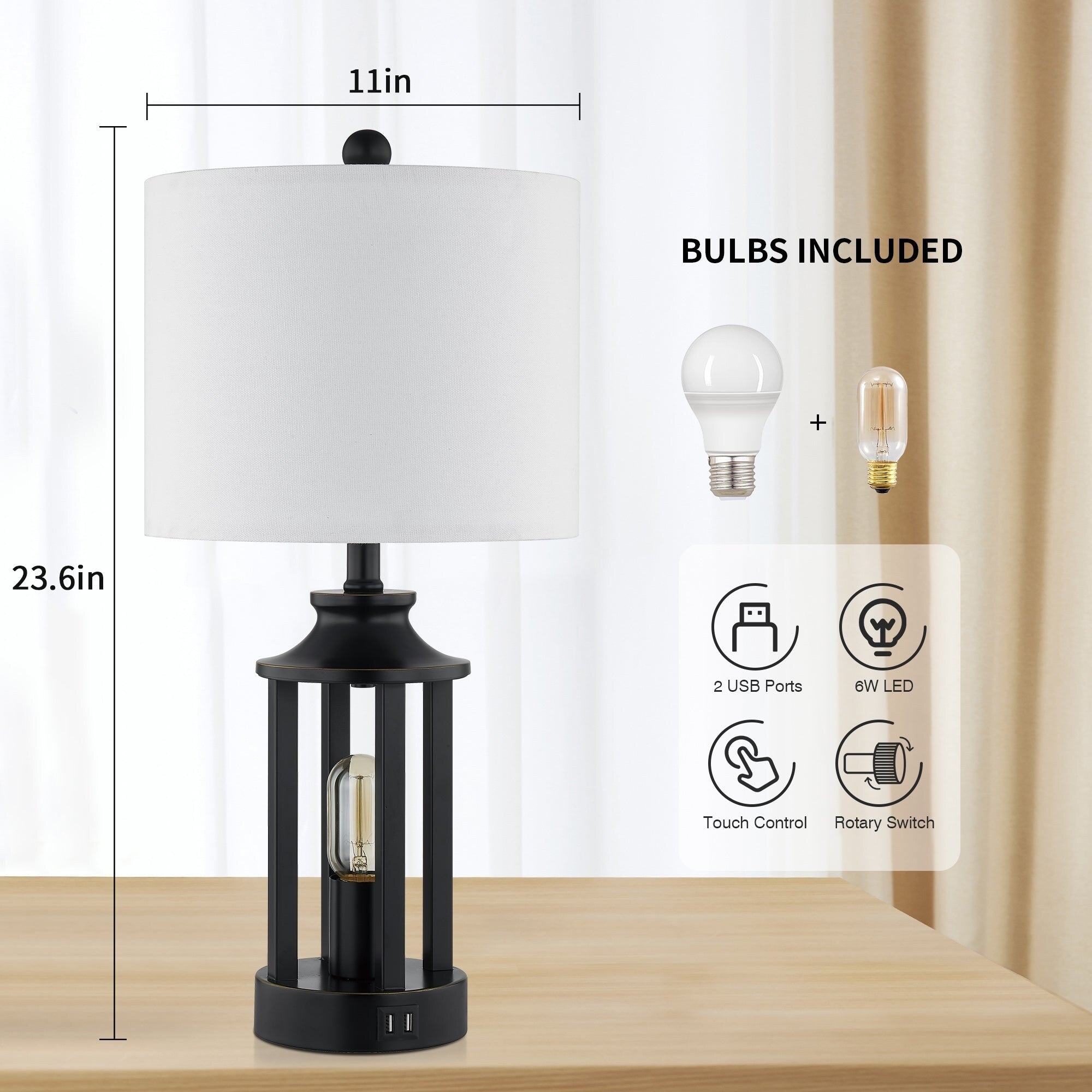 Table Lamp Nightlight Black Metal USB Charging Port(Set of 2) - 11'' x 11'' x 23.6'' (L x W x H)