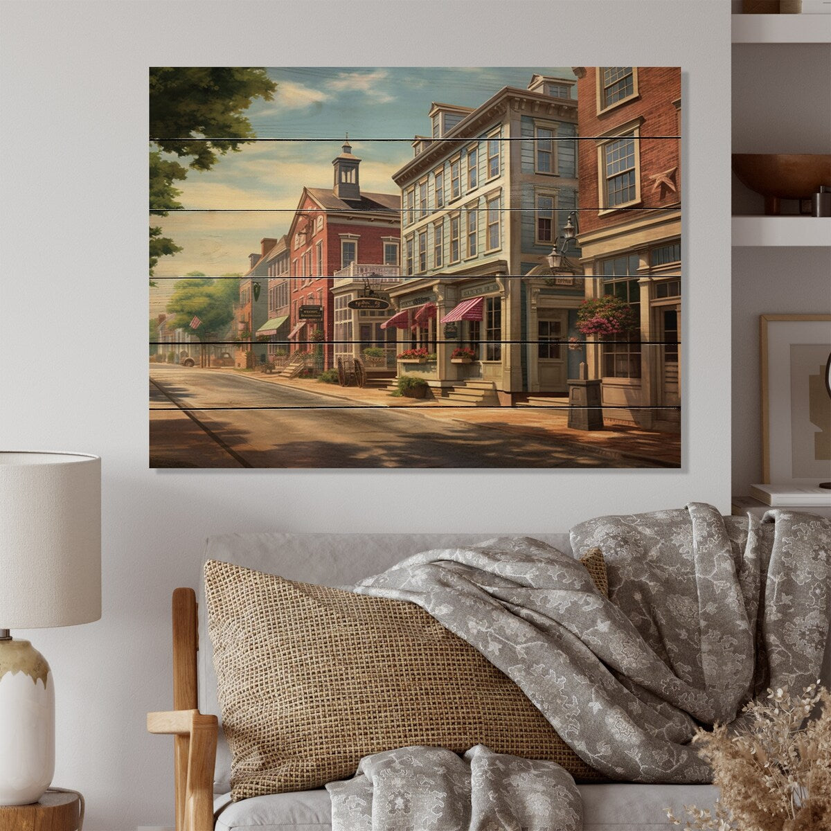 Designart ConnecticutS Village Charm Connecticut Print on Natural Pine Wood