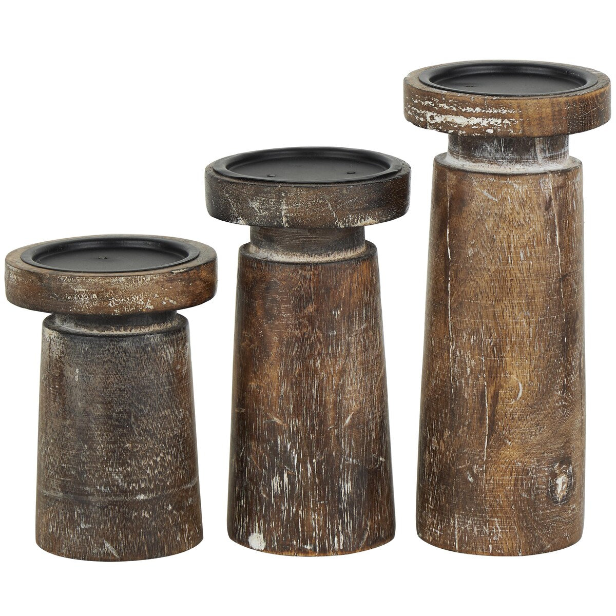 Mango Wood Handmade Carved Pillar Decorative Candle Holder - Set of 3 Light Brown or Brown - Roche River Decor