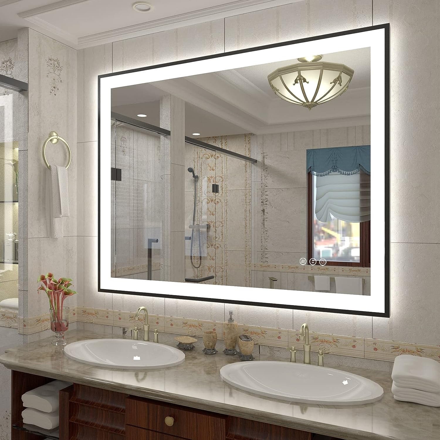 Apmir Metal Black Frame Back & Front LED Lighted Bathroom Vanity Mirror with Anti-Fog Tempered Glass