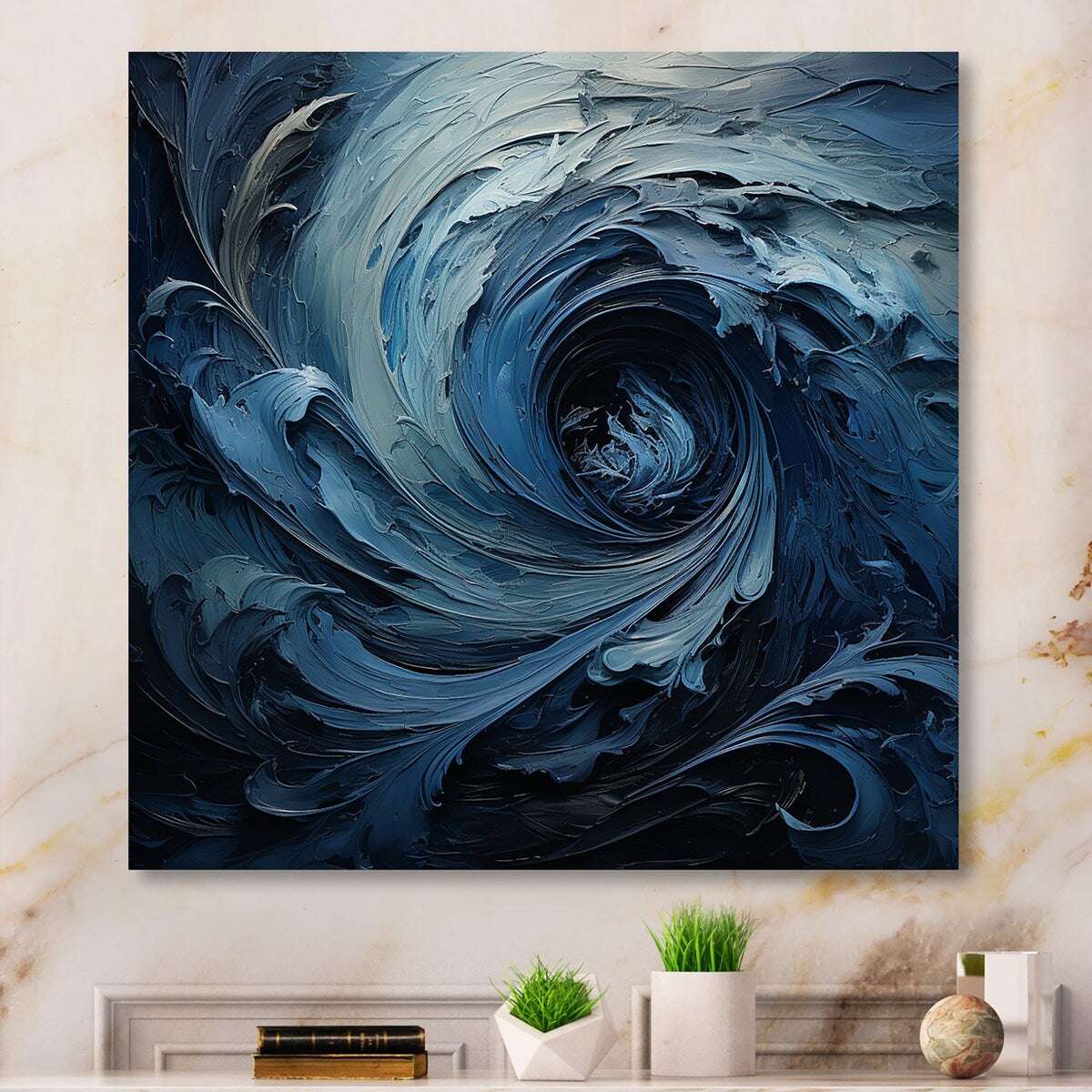 Designart Blue And White Emotional Spiral I Tachisme Metal Wall Art - Blue Metal Wall Décor Modern Metal Art Work