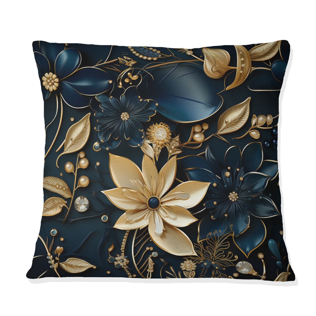 Designart Glamorous Gold And Sapphire Elegance Floral Printed Throw Pillow