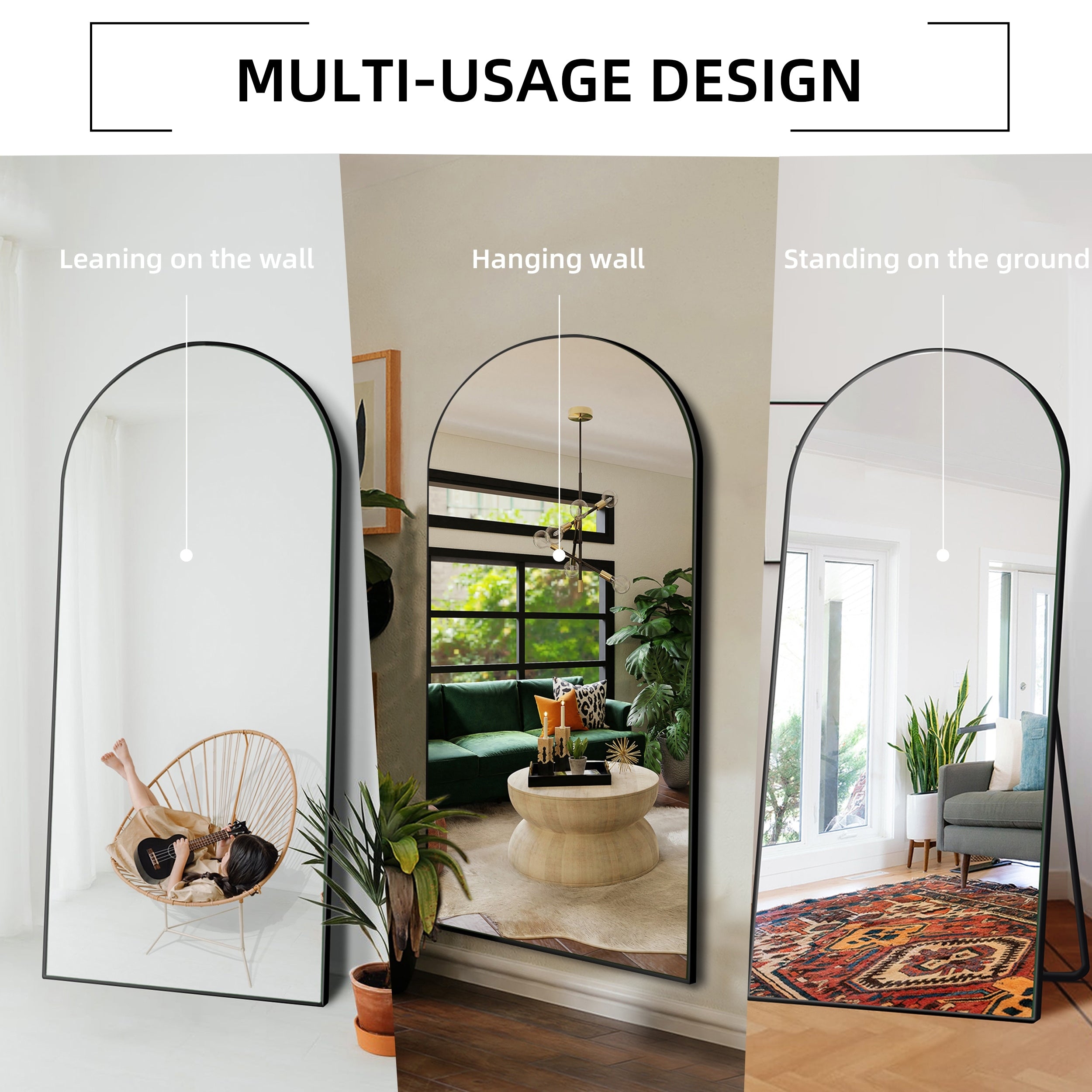 Modern Glam Arched-Top Full Length Floor Mirror Wood Frame with Stand