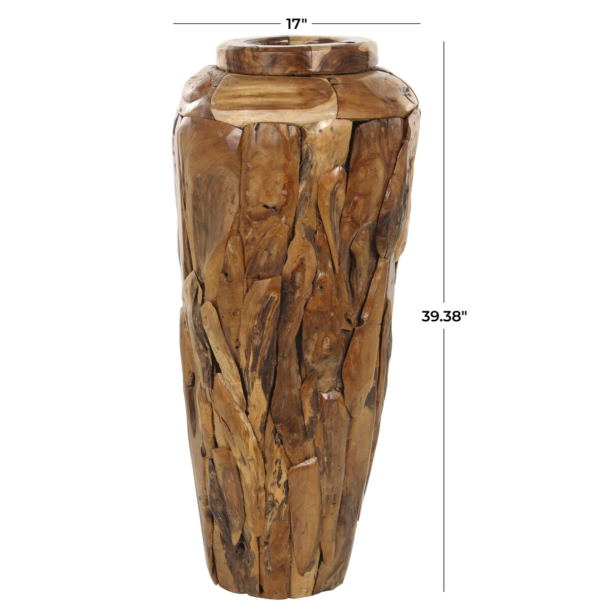 Teak Wood Handmade Floor Decorative Vase with Mosaic Live Edge Pieces - Brown - Roche River Decor