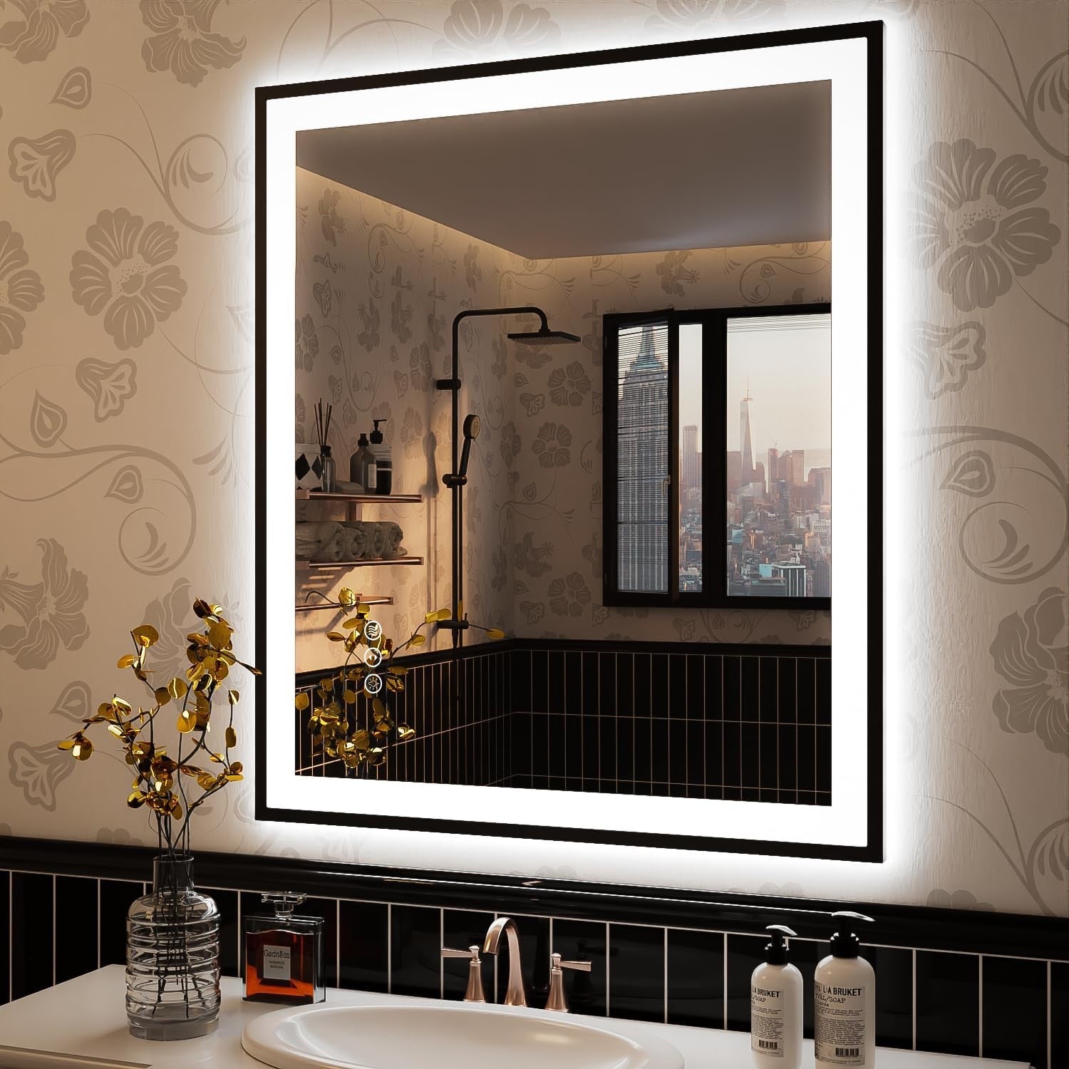 Apmir Metal Black Frame Back & Front LED Lighted Bathroom Vanity Mirror with Anti-Fog Tempered Glass