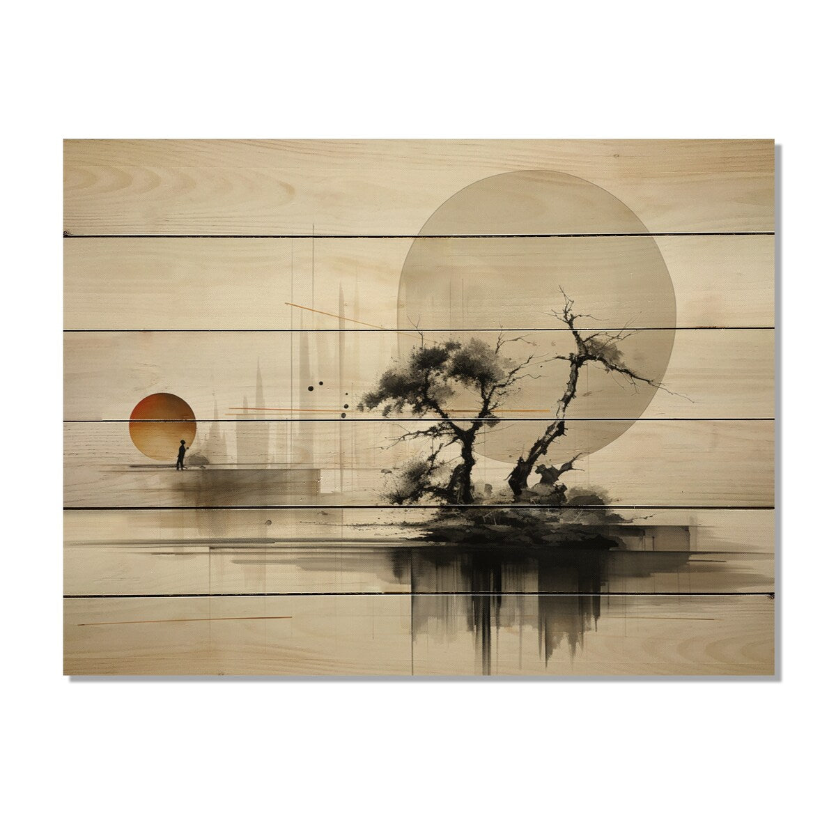 Designart Asian Art Sumie Zen I Asian Print on Natural Pine Wood