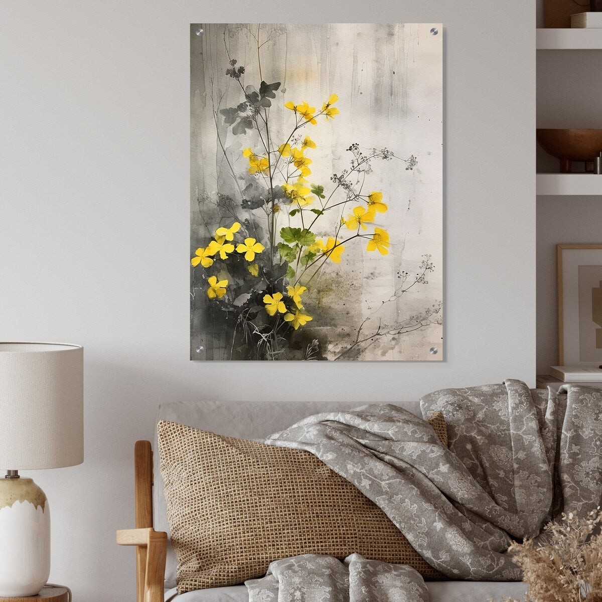 Designart Yellow Grey Herb Garden Floral Gloss Wall Decor Yellow - Traditional Acrylic Wall Art For Hallway Decor