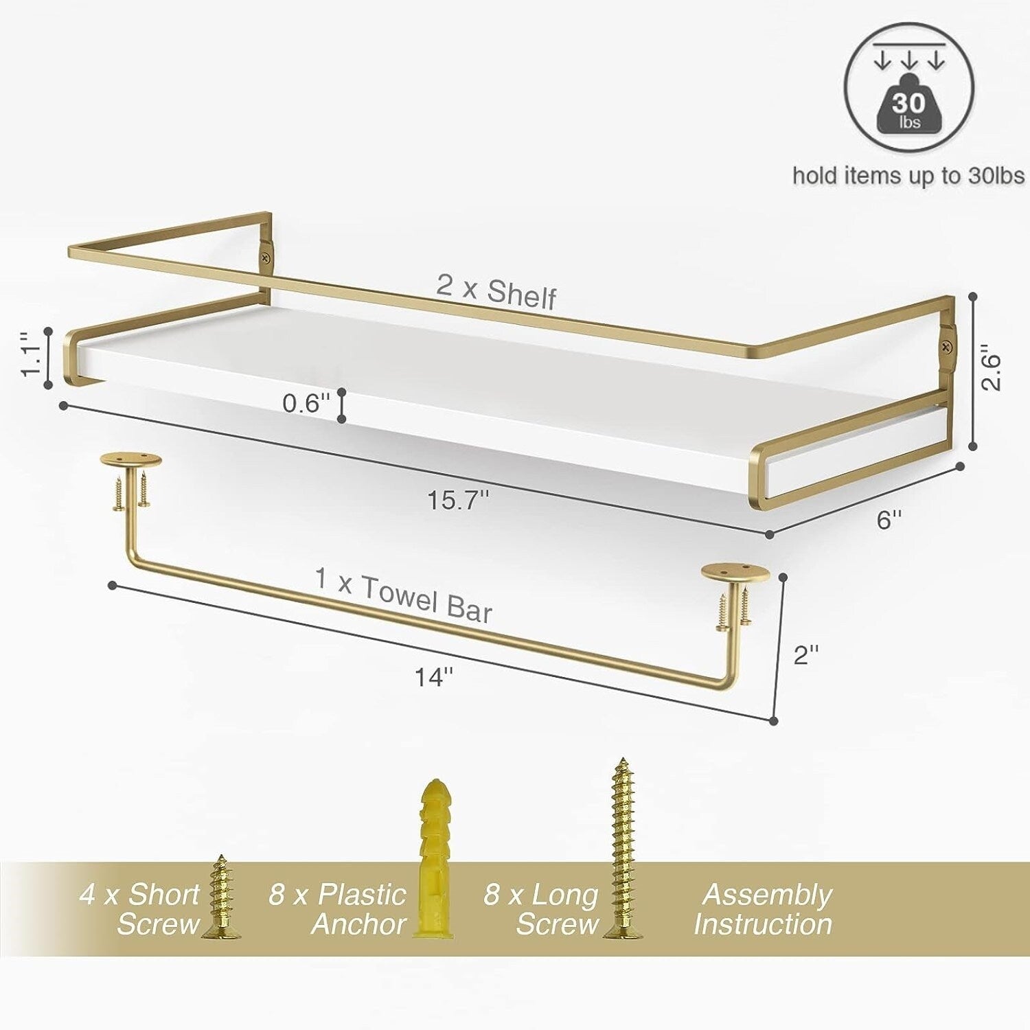 Decorative Wall Shelves Set of 2 for Bathroom with Towel Bar