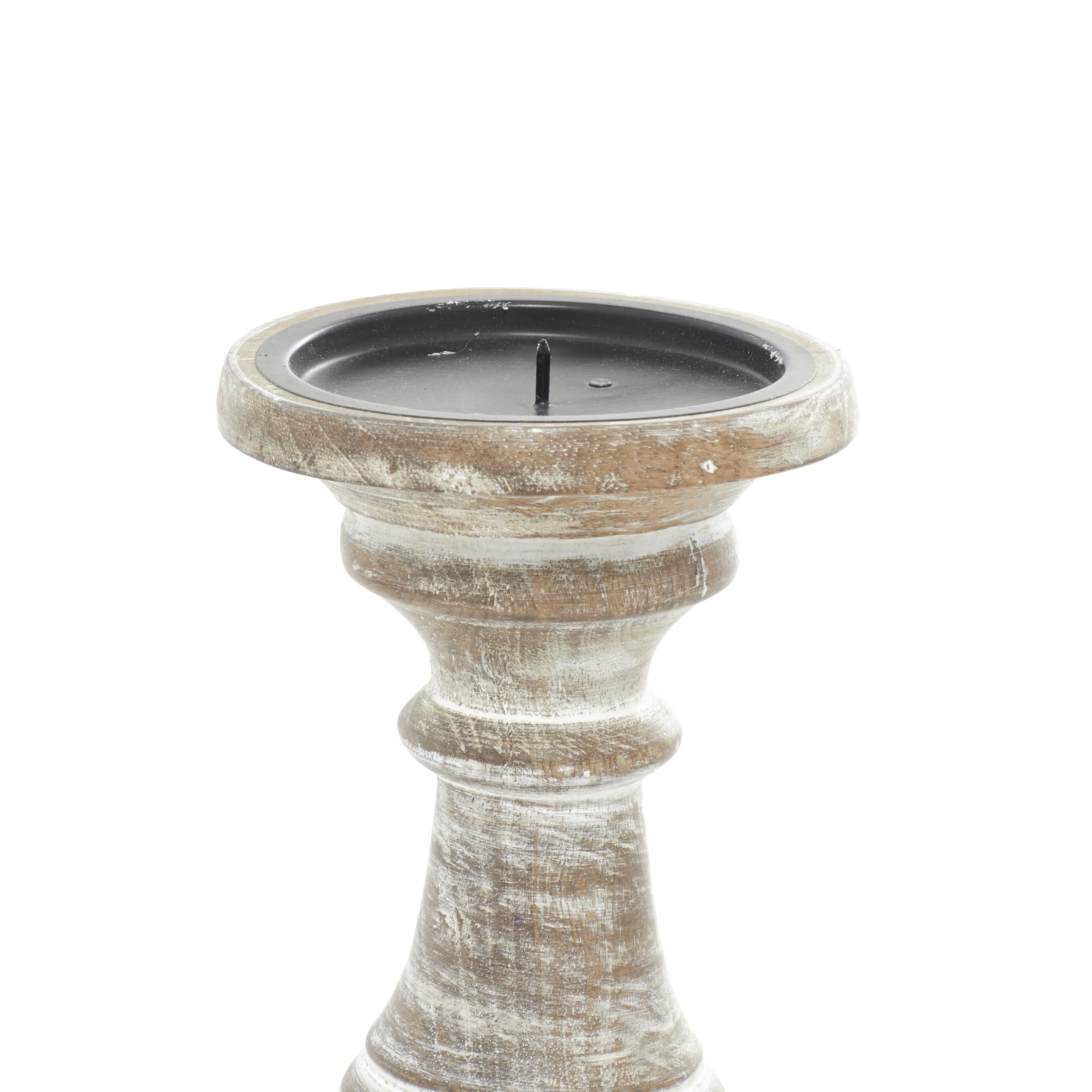 Mango Wood Turned Style Pillar Candle Holder (Set of 3) - White, Brown, Gold, Black, Light Blue, Cream, Silver