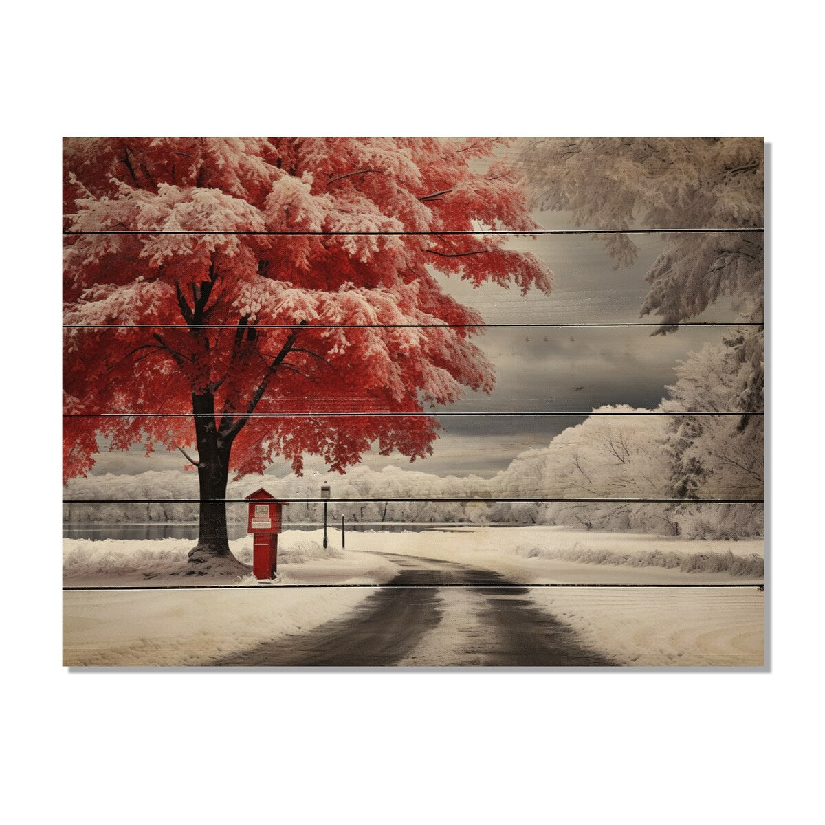 Designart Red and White Winter Silent Symphony I Floral Print on Natural Pine Wood