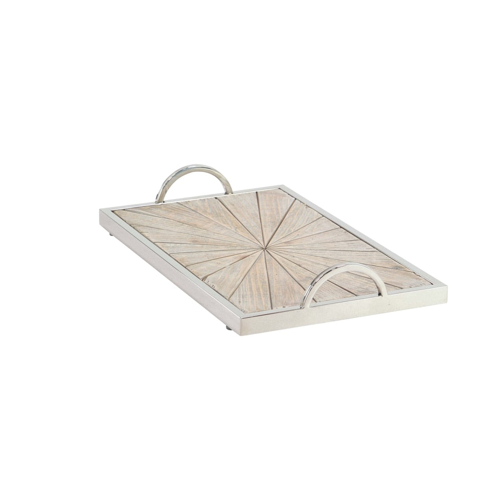 Set of 2 Contemporary Pine Wood and Stainless Steel Burst Trays