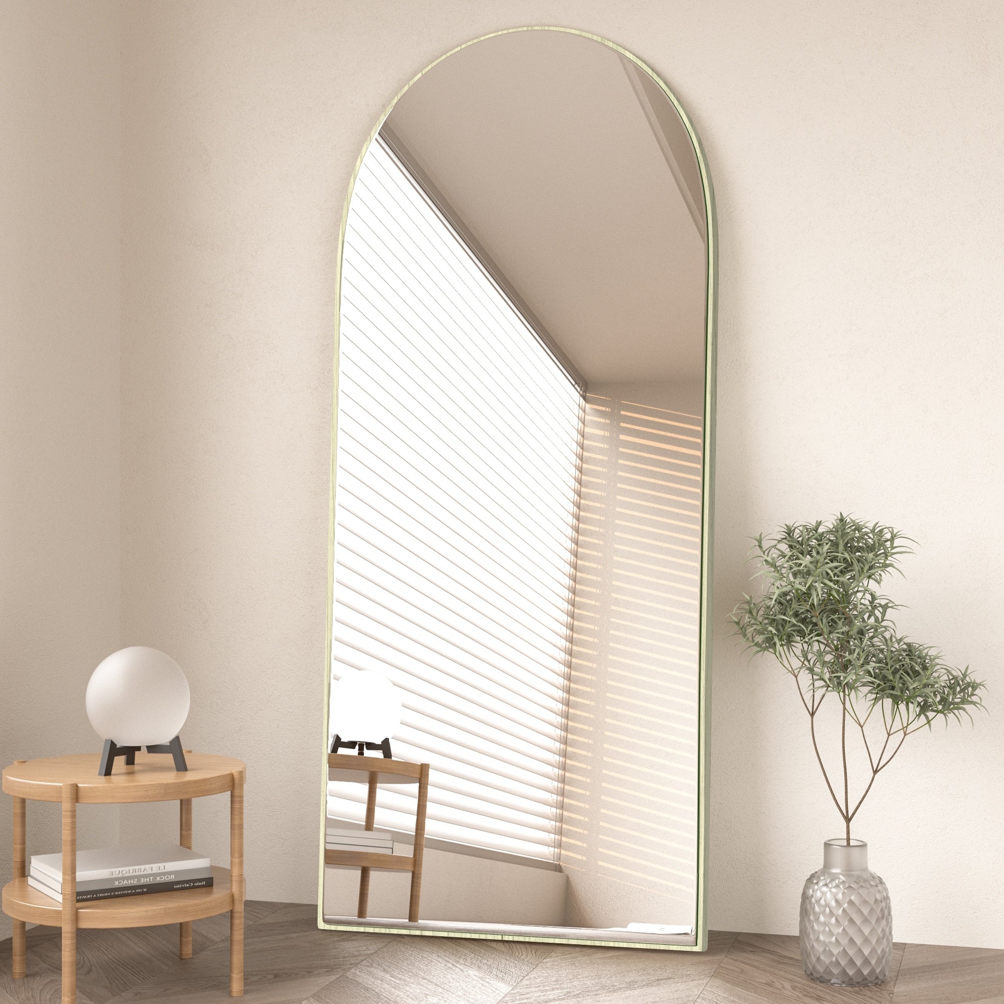 Modern Arched Full-Length Wood Floor Standing Mirror