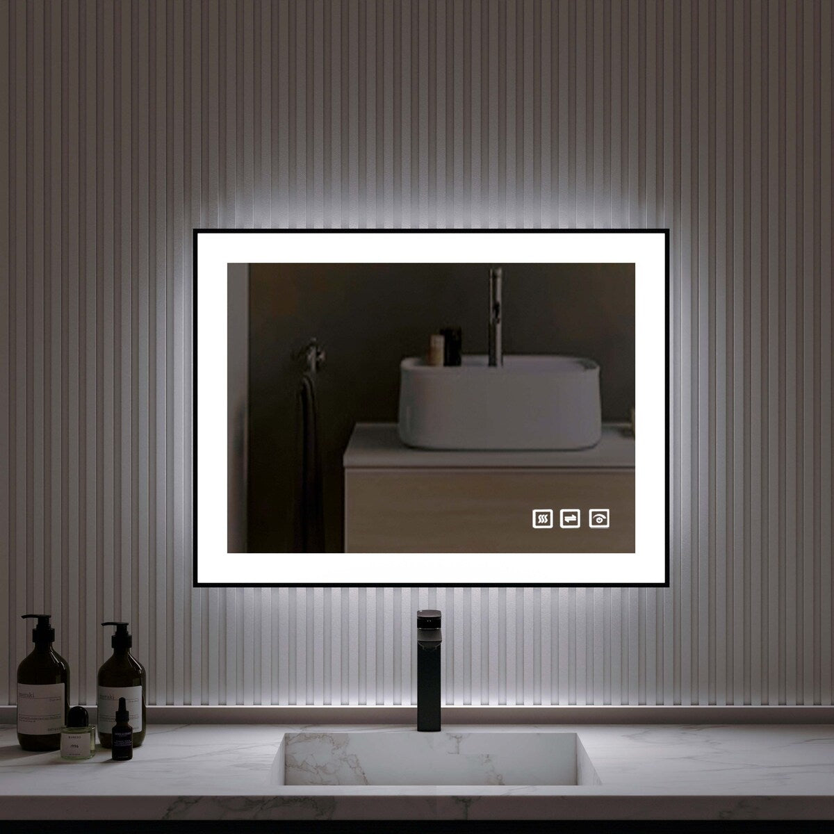 Organnice Rectangular Framed LED Anti-Fog Bathroom Wall Mirror in Black with Backlit and Front Light