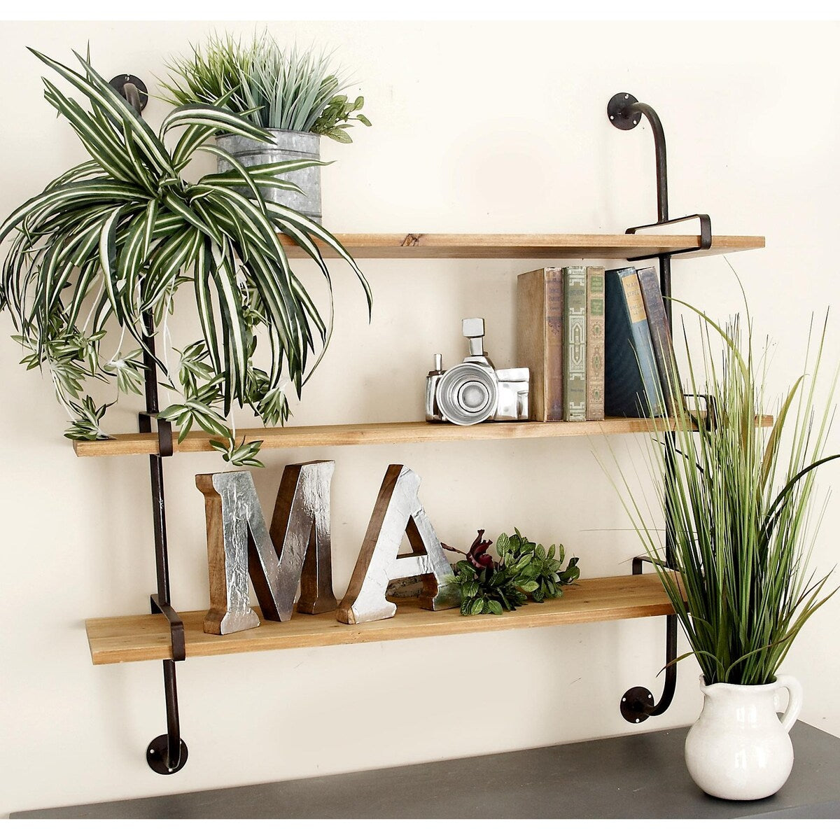 Wood 2 or 3 Level Wall Shelf with Black Metal Brackets - Brown or Gray - Roche River Decor