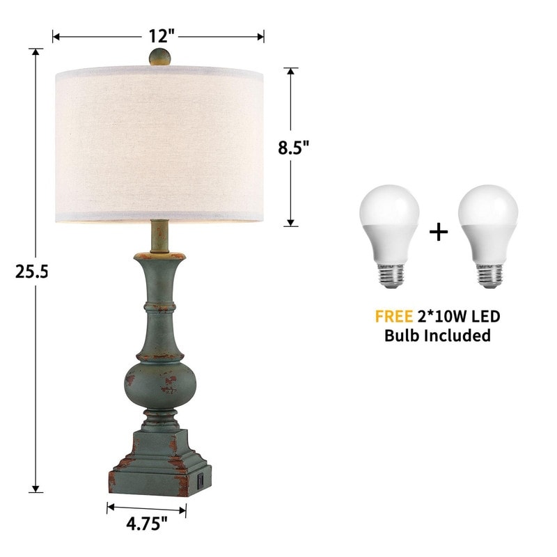 KAWOTI 25.5 Framhouse Table Lamp Set with USB Ports, Bulbs(Set of 2) - W12 x H25.5