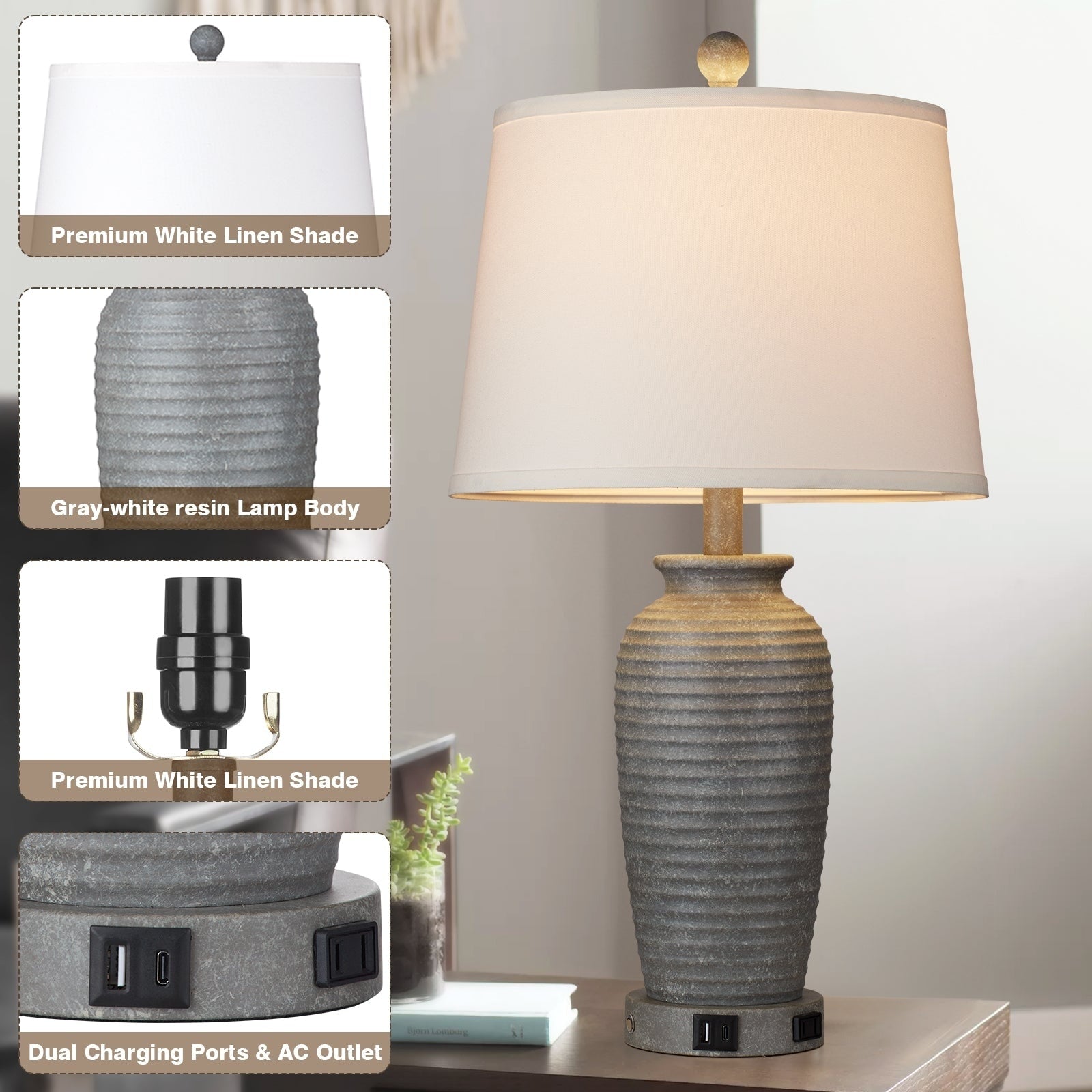 Table Lamp Gray-white Resin Touch Dimming Switch USB and Type C Charging Ports No Strobe (Set of 2)