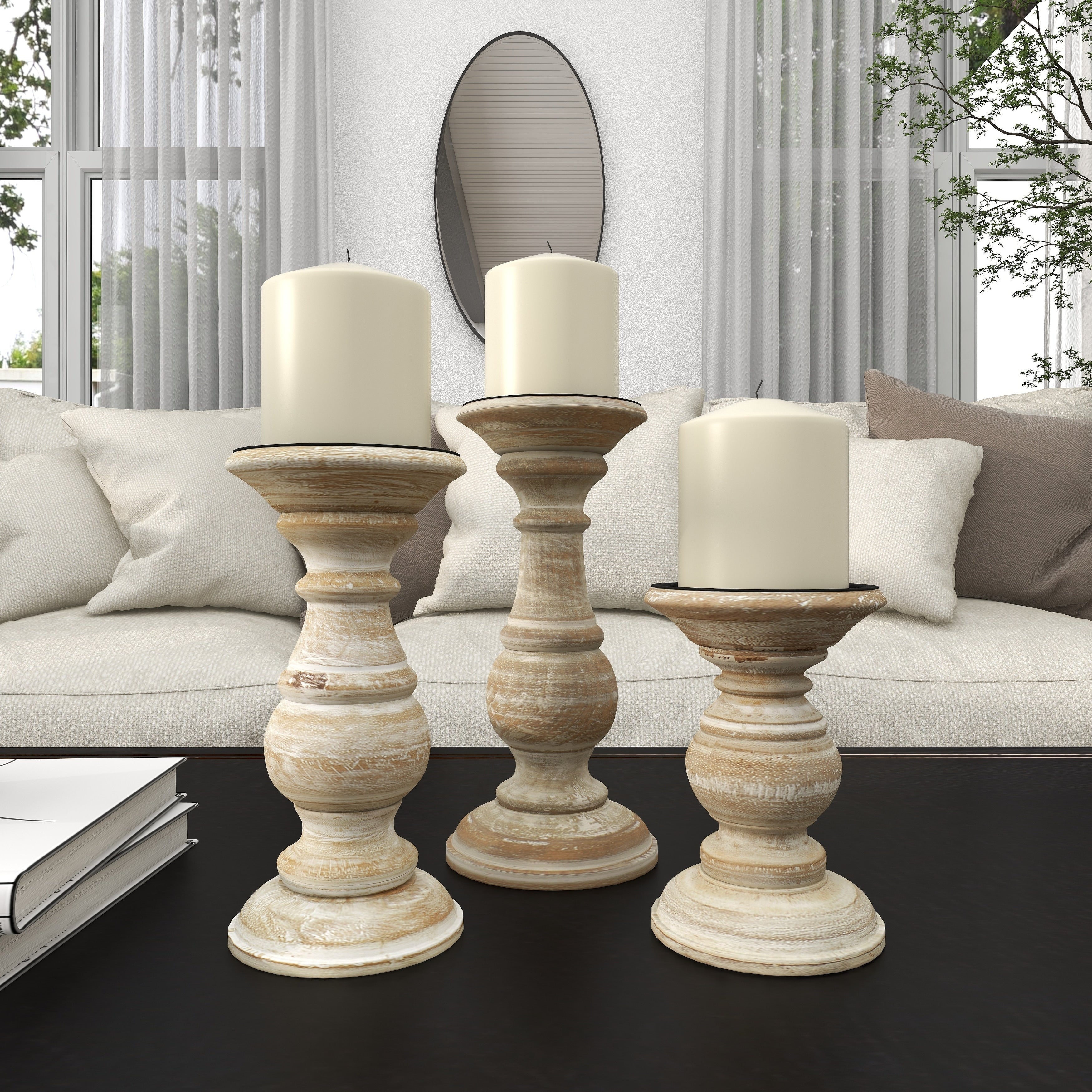 Mango Wood Turned Style Pillar Candle Holder (Set of 3) - White, Brown, Gold, Black, Light Blue, Cream, Silver