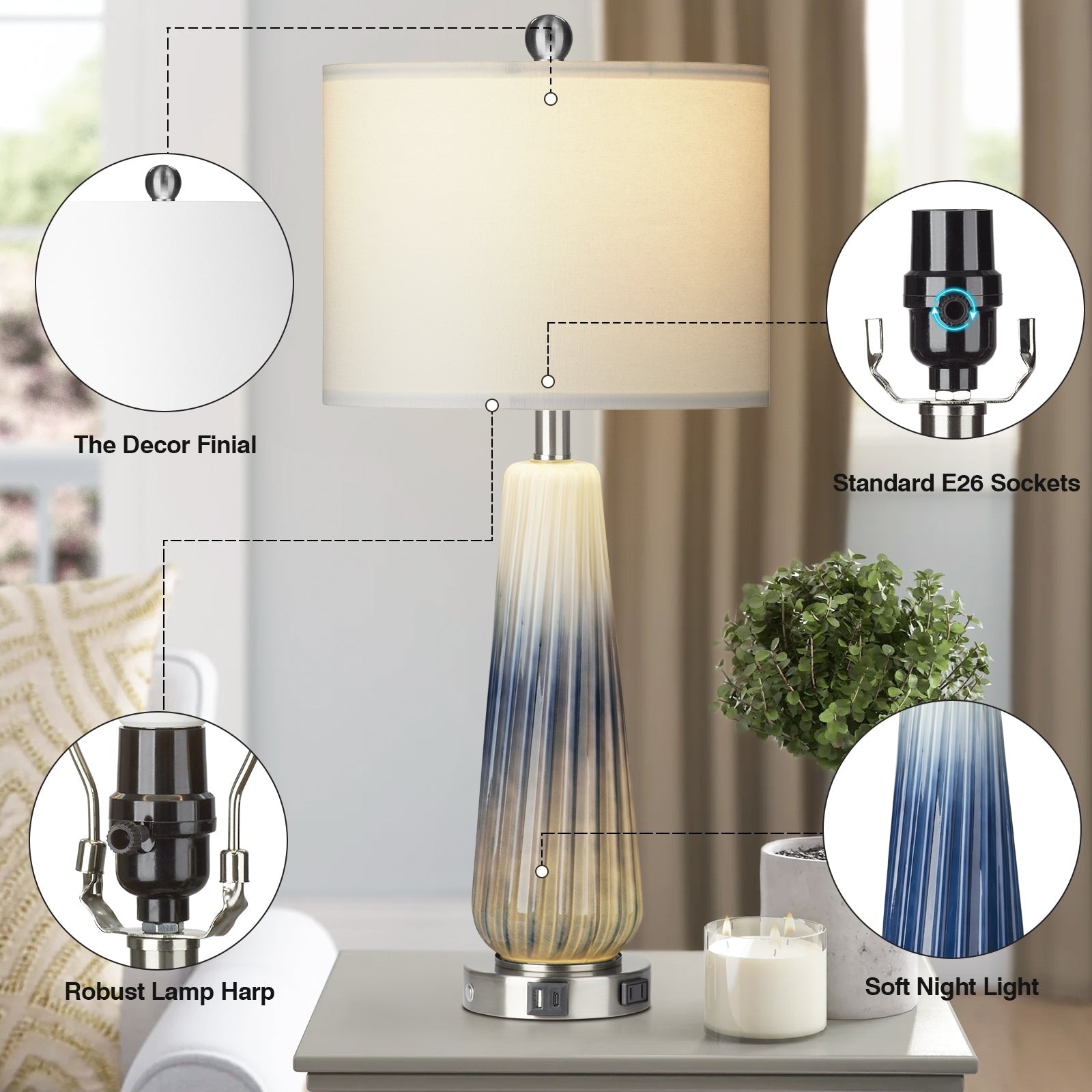 Table Lamps Nightlight 2in1 Glass Blue Ripple Style with Rotary Switch Touch Switch (Set of 2) - 12'' x 12'' x 27'' (L x W x H)