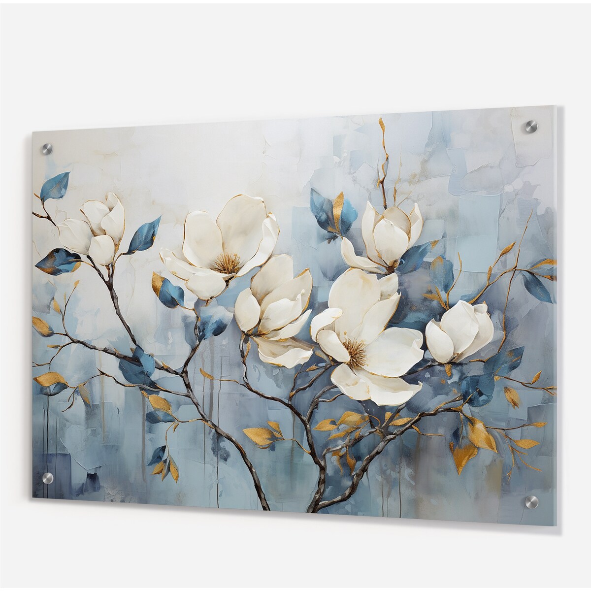 Designart Elegant White And Blue Magnolias Tranquility Magnolias White - Traditional Acrylic Wall Art For Dinning Room