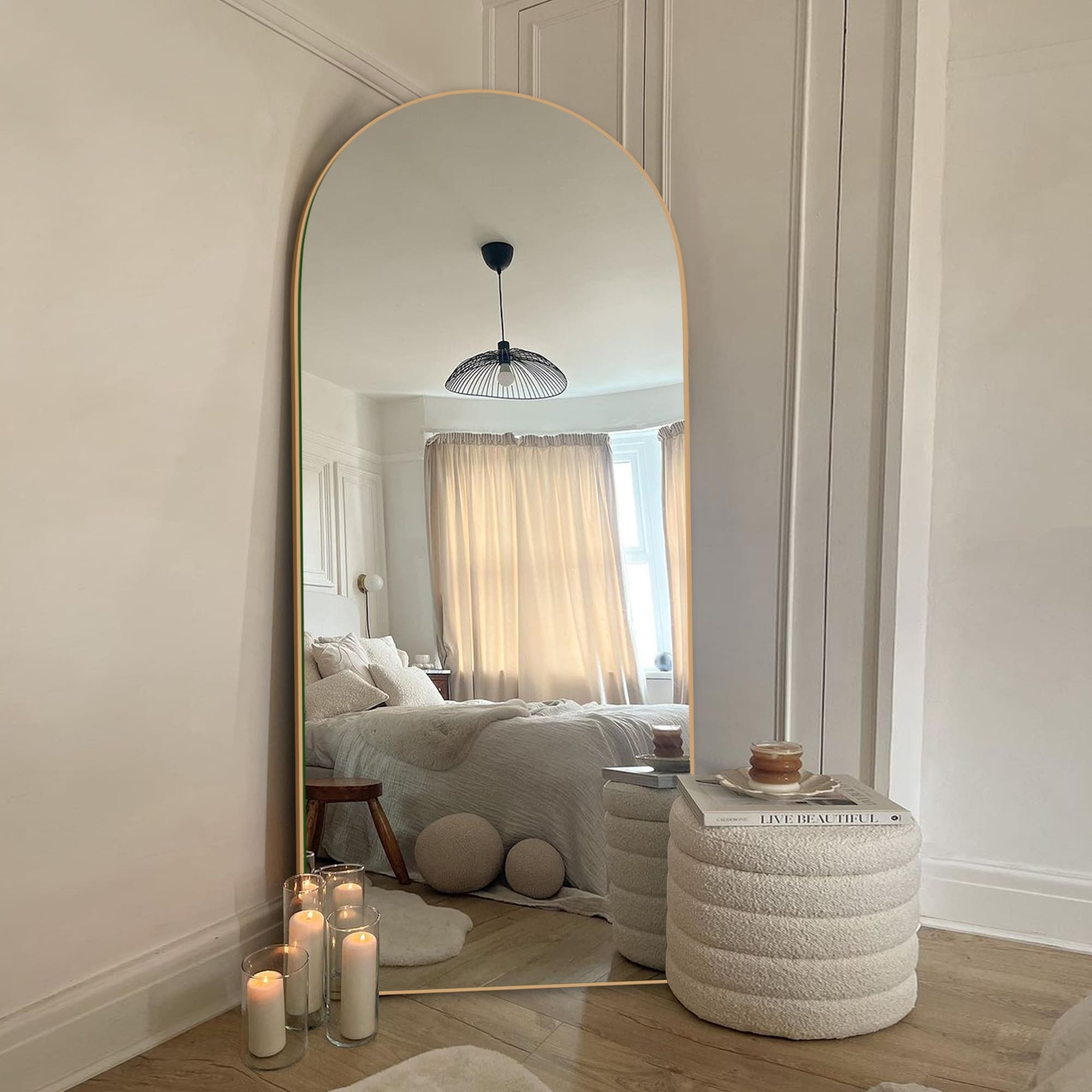 Modern Arched Full-Length Wood Floor Standing Mirror