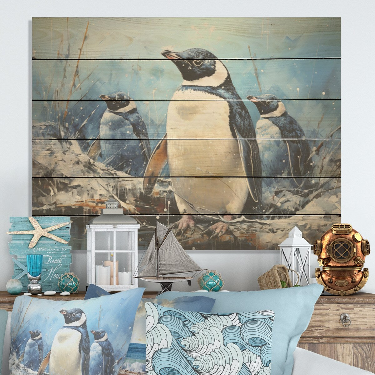 Designart Snowy Penguin Family Wonders I Penguin Wood Wall Decor - Modern Blue Wood Panel On Natural Pine Wood