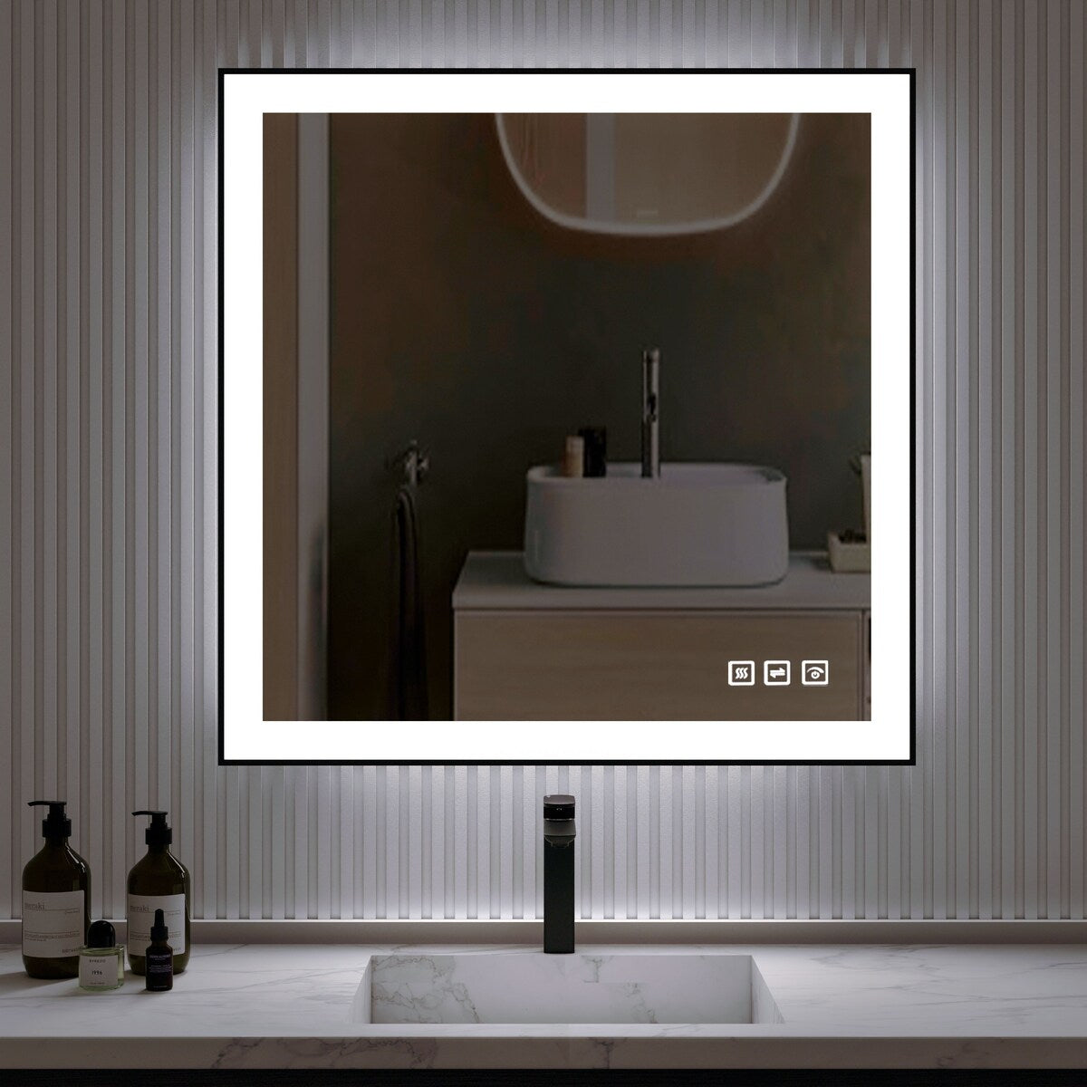 Organnice Rectangular Framed LED Anti-Fog Bathroom Wall Mirror in Black with Backlit and Front Light