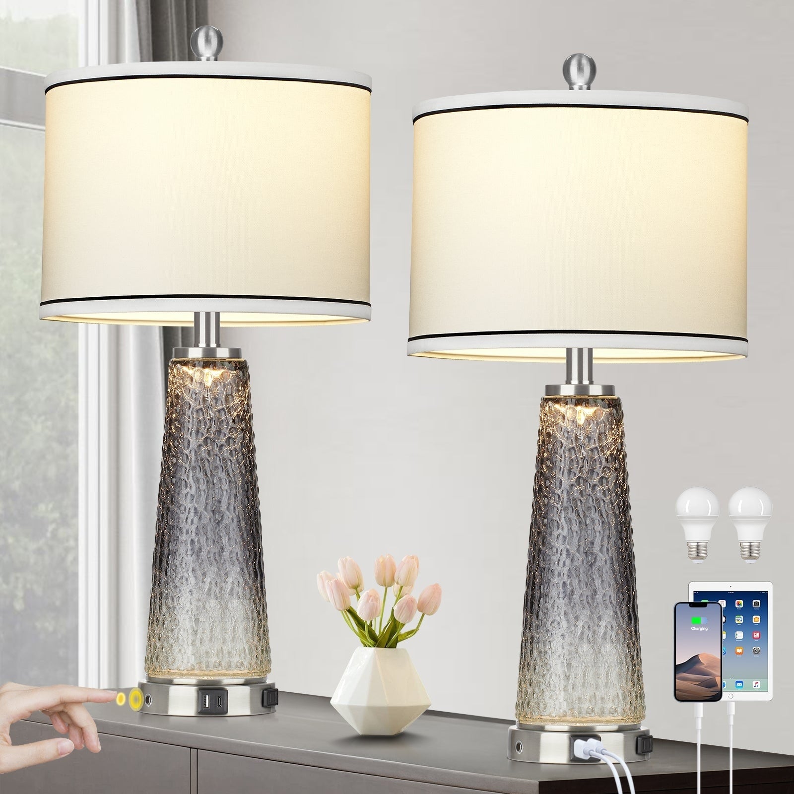 Table Lamps Nightlight 2in1 Glass Gray Charging Ports 2-Way Touch Switch (Set of 2) - 12'' x 12'' x 26'' (L x W x H)