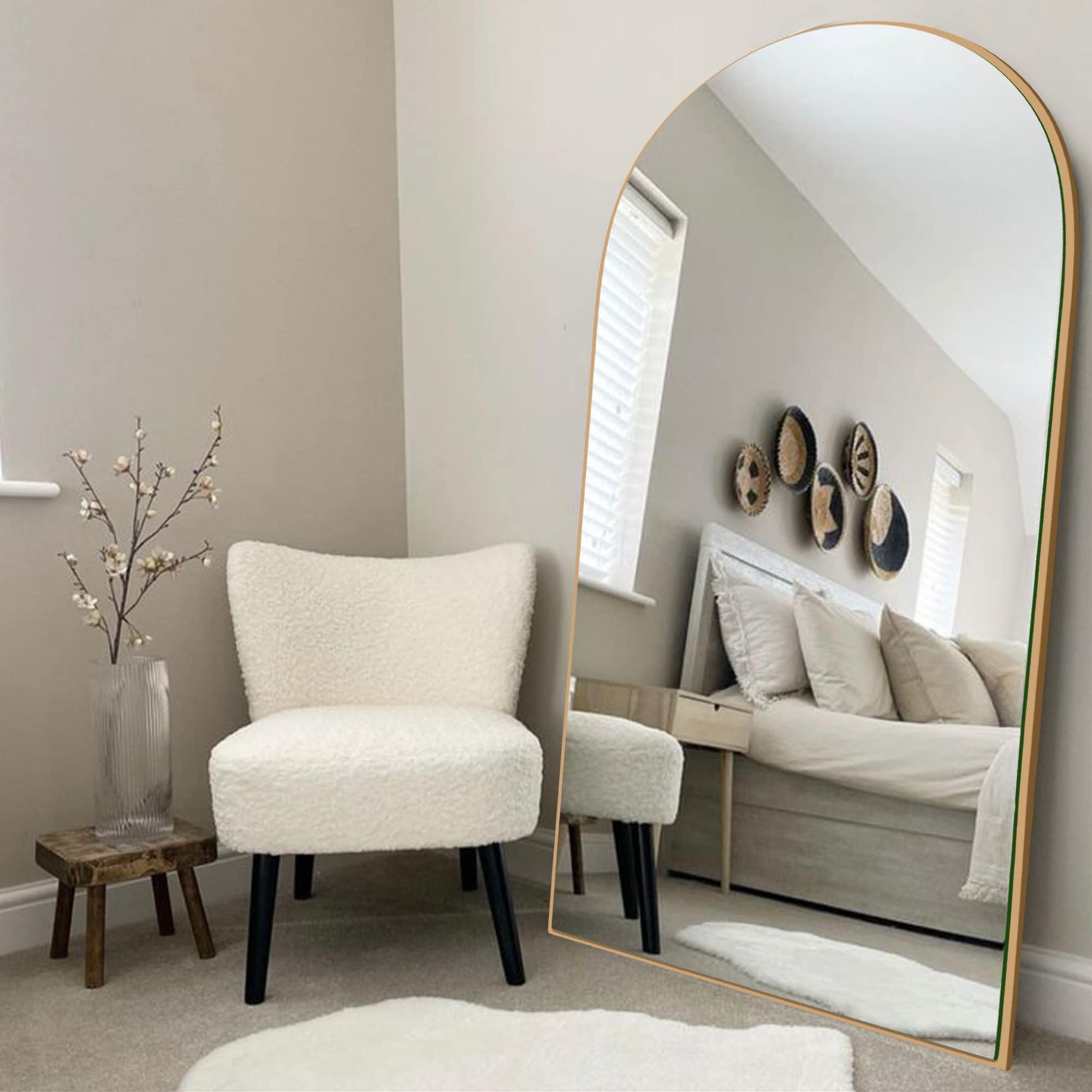 Modern Arched Full-Length Wood Floor Standing Mirror