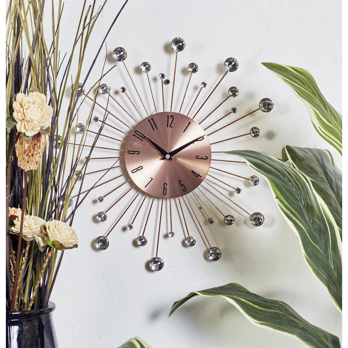 Metal Starburst Decorative Wall Clock with Crystal Accents - Gold, Brown, Silver, Copper - Roche River Decor