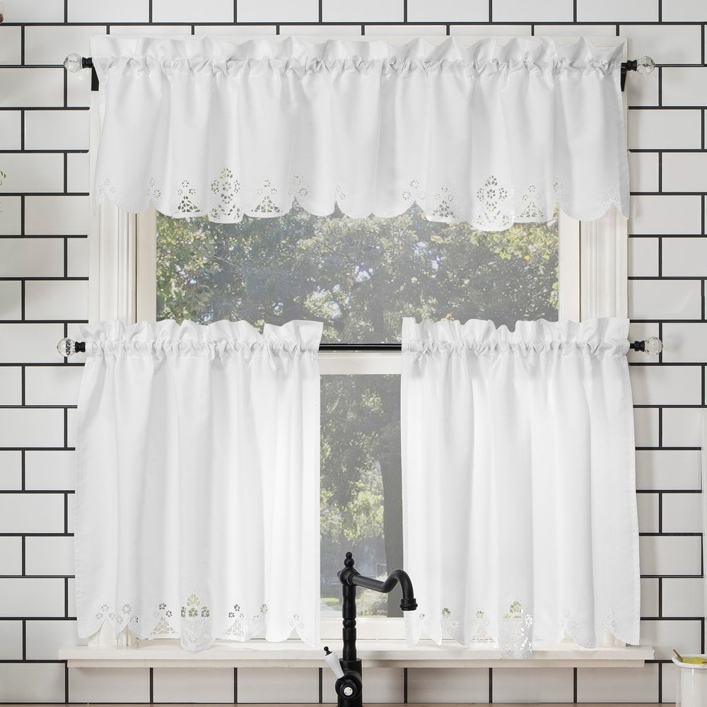 No. 918 Mariela Floral Trim Semi-Sheer Rod Pocket Kitchen Curtain Valance and Tiers Set