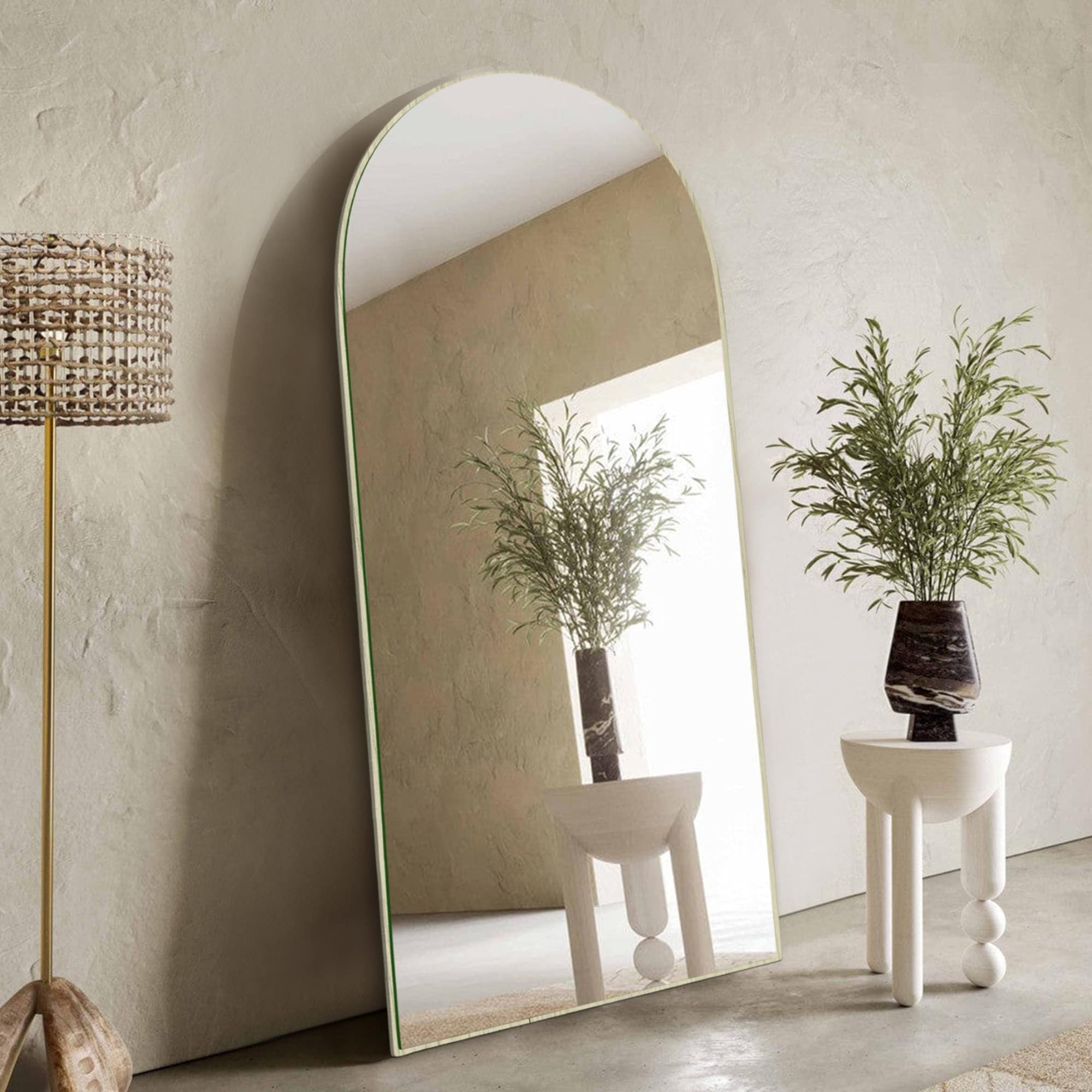 Modern Arched Full-Length Wood Floor Standing Mirror