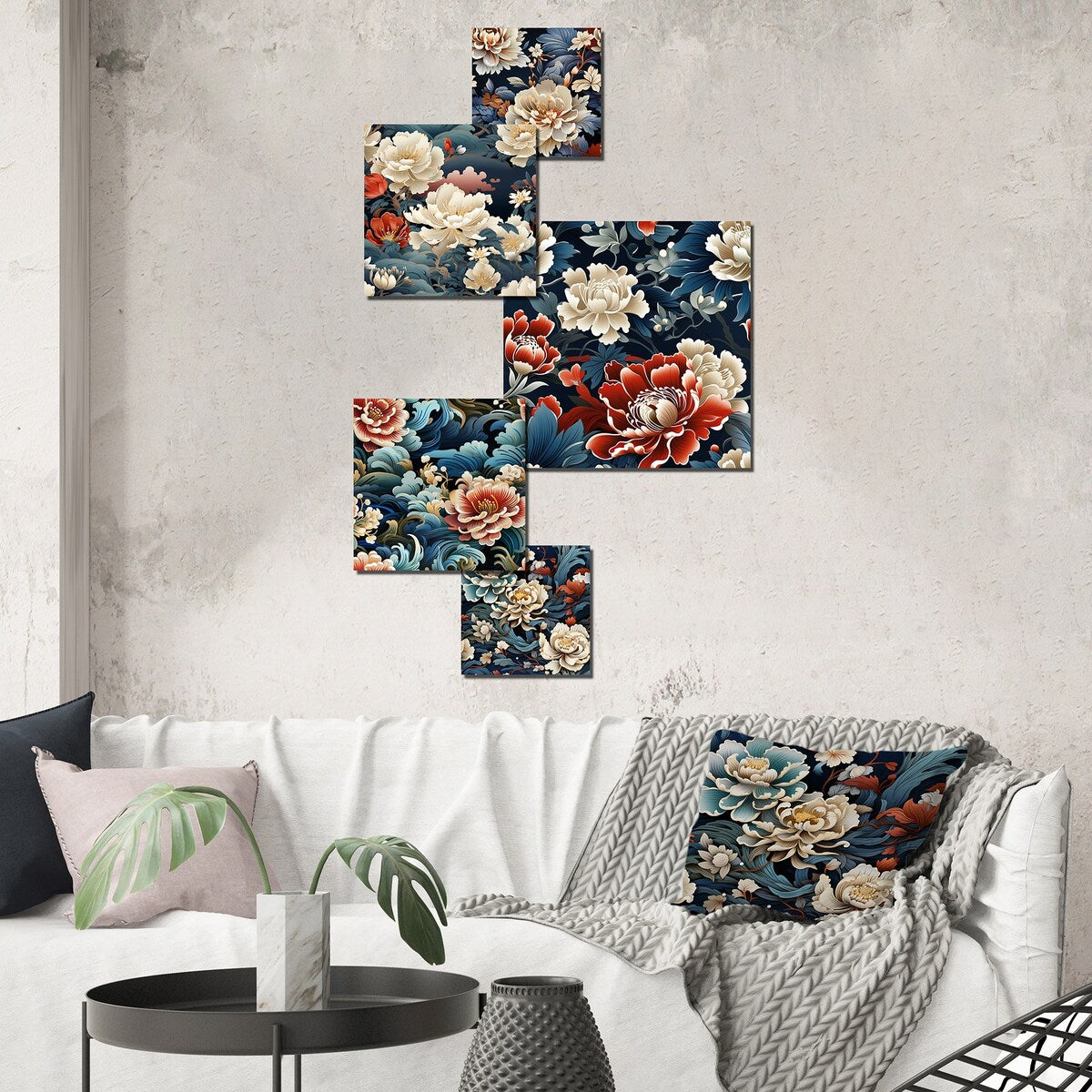 Designart Ming Dynasty Influences Abstract Wall Art Set of 5 - Oriental Beige Metal Wall Living Room Decor Set