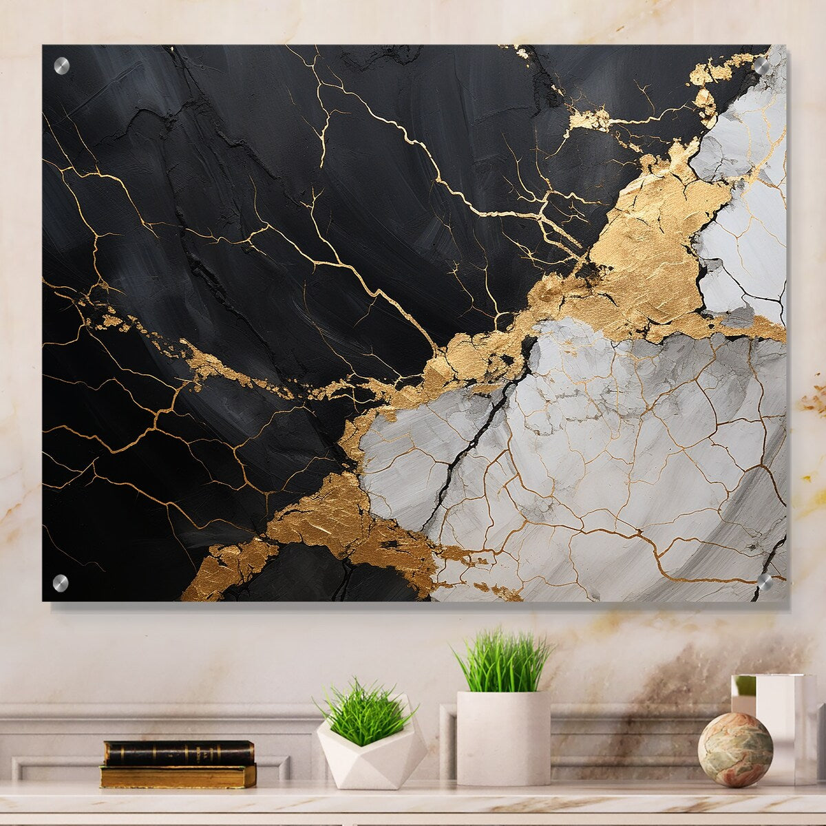Designart Black Gold Adorned Poteries III Abstract Spirals Gloss Wall Decor Black - Modern Acrylic Wall Art Decor