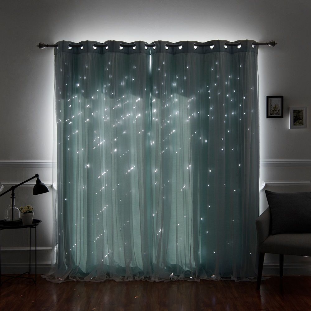 Aurora Home Star Punch Tulle Overlay Blackout Curtain Panel Pair