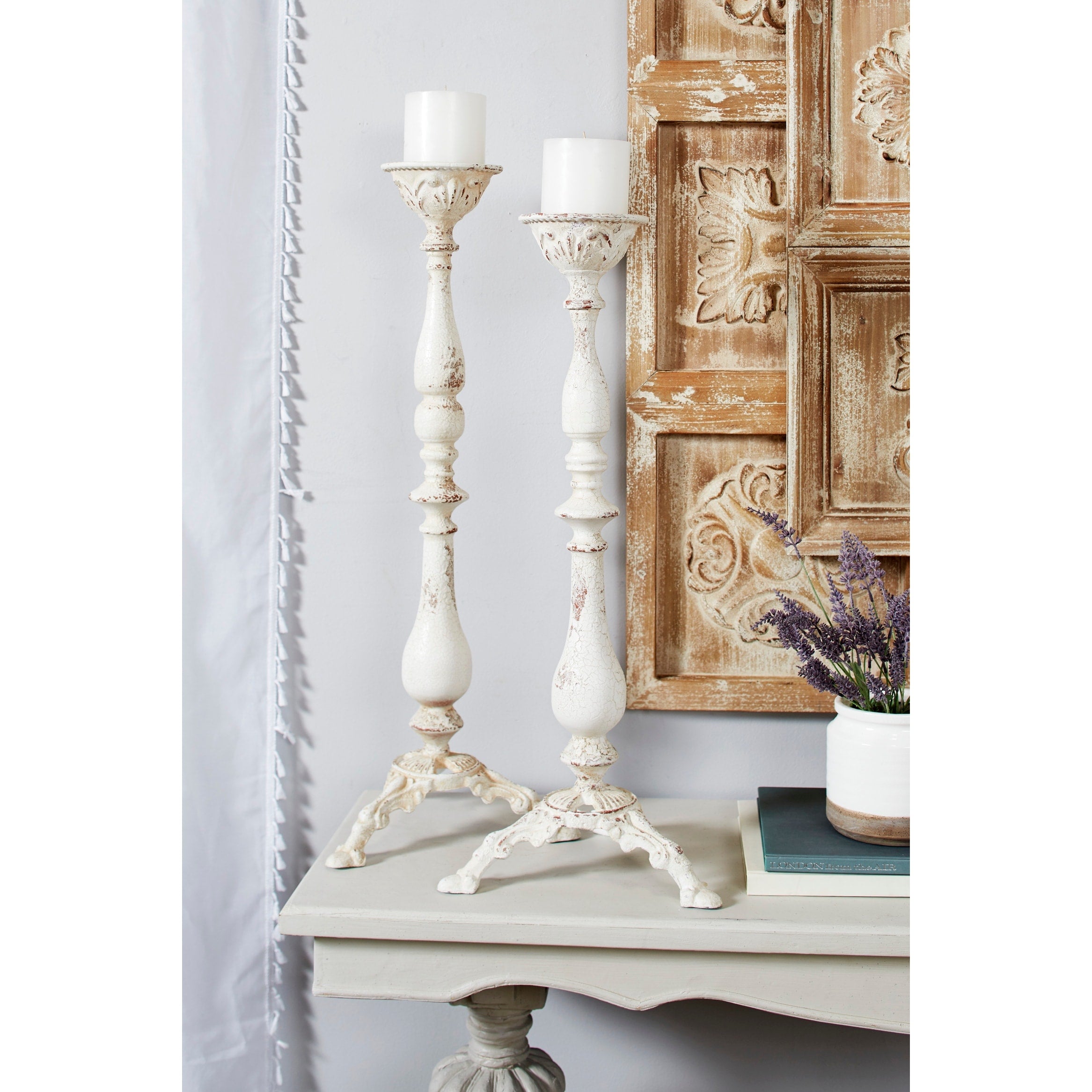 Vintage White Metal Candle Holders with Turned Columns and Tripod Bases Set of 2 12 x 33 12 x 30 - 12 x 12 x 33