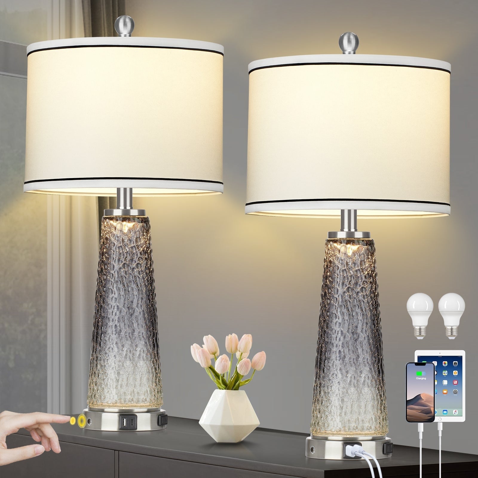 Table Lamps Nightlight 2in1 Glass Gray Charging Ports 2-Way Touch Switch (Set of 2) - 12'' x 12'' x 26'' (L x W x H)