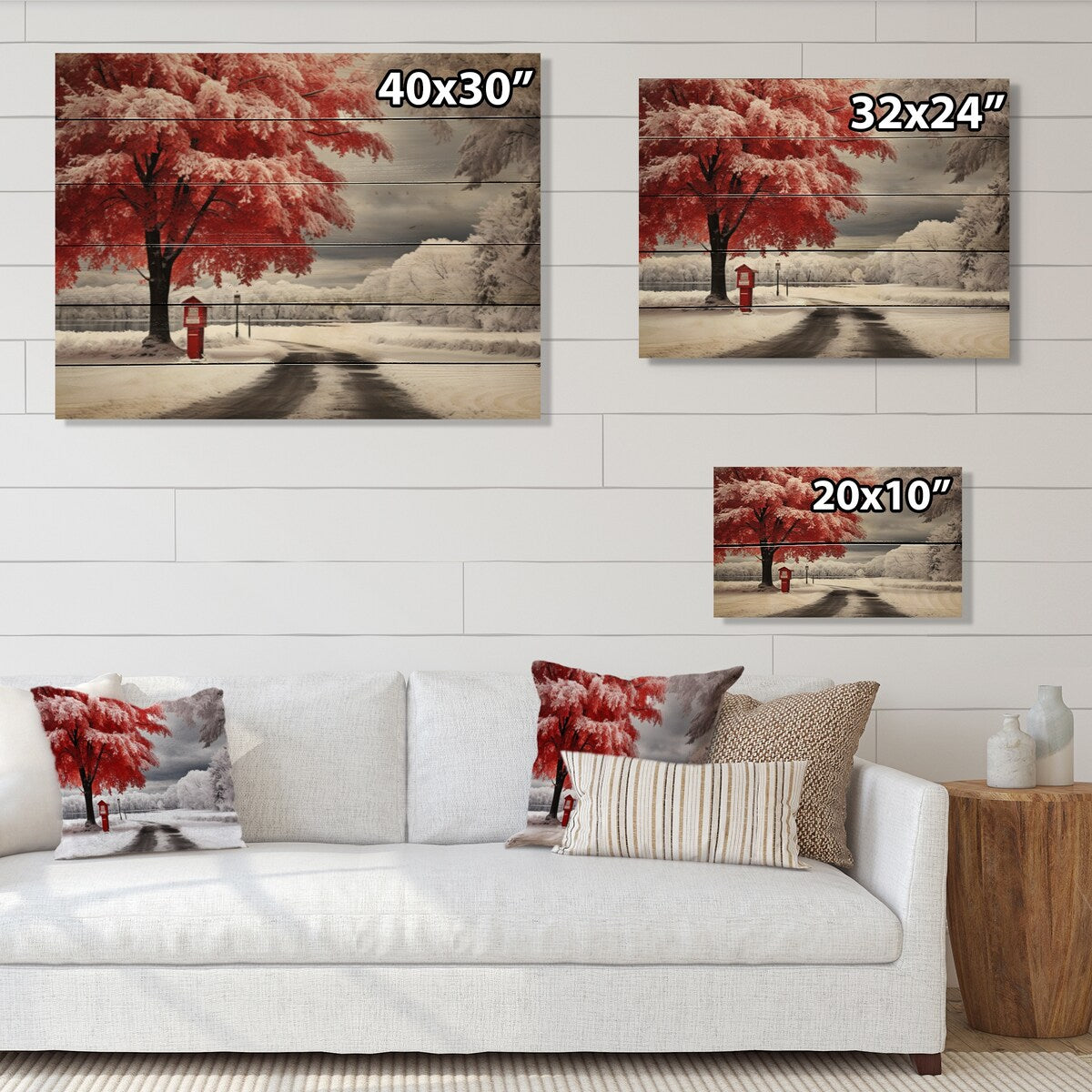 Designart Red and White Winter Silent Symphony I Floral Print on Natural Pine Wood