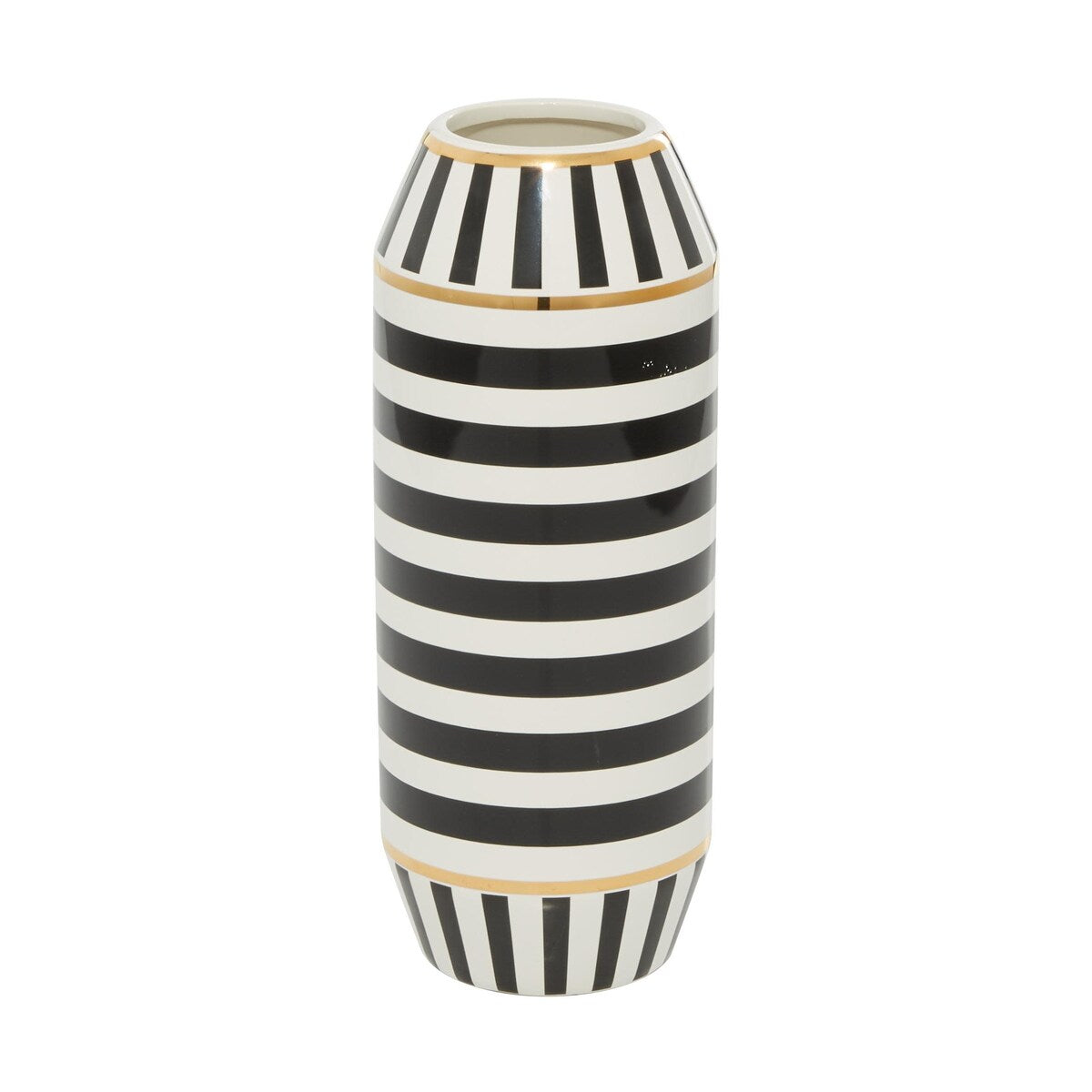 Ceramic Striped Decorative Vase with White and Gold Accents - Black - Roche River Decor