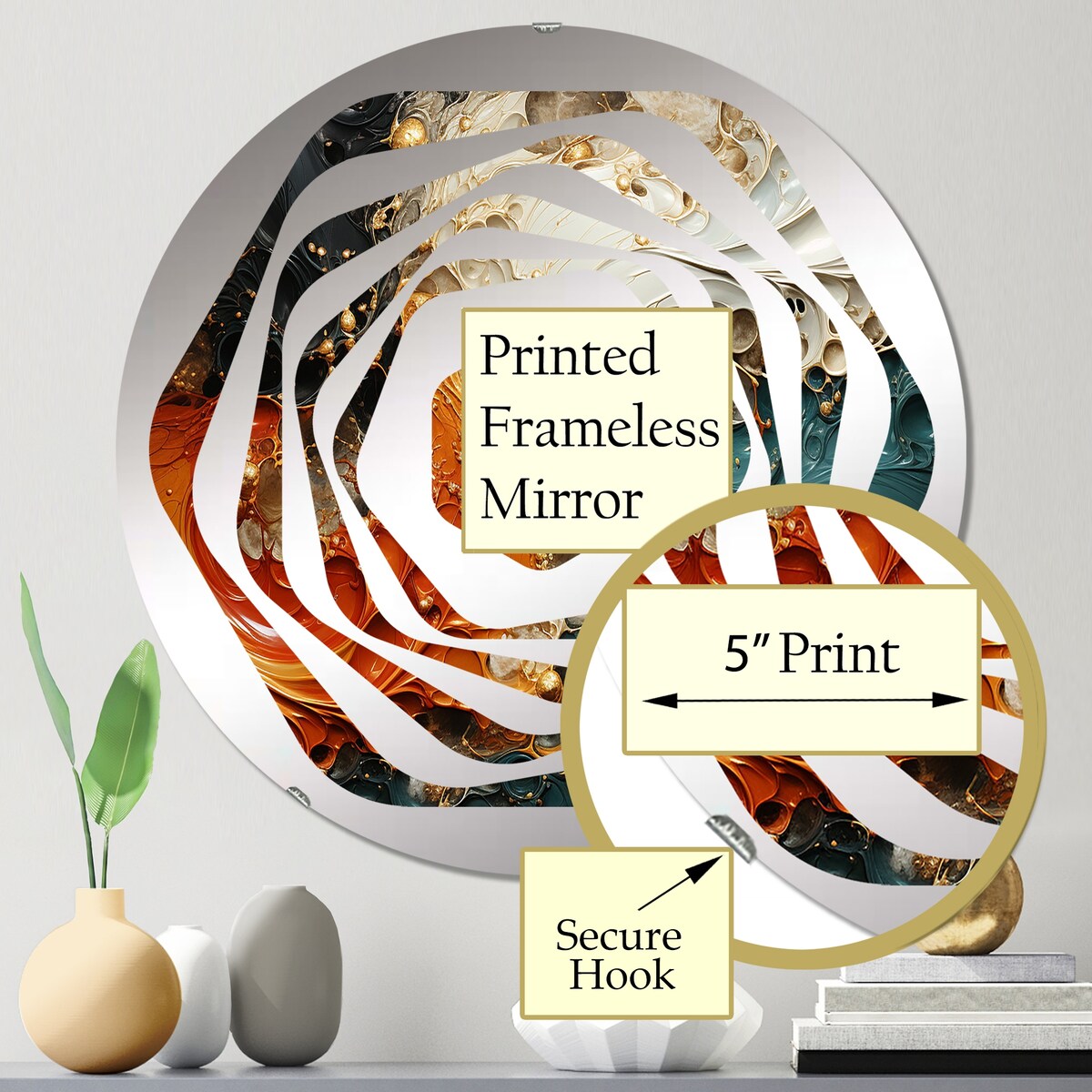 Designart Orange and gold marble lava II - Modern Abstract Painting Amorphe Decorative Mirror