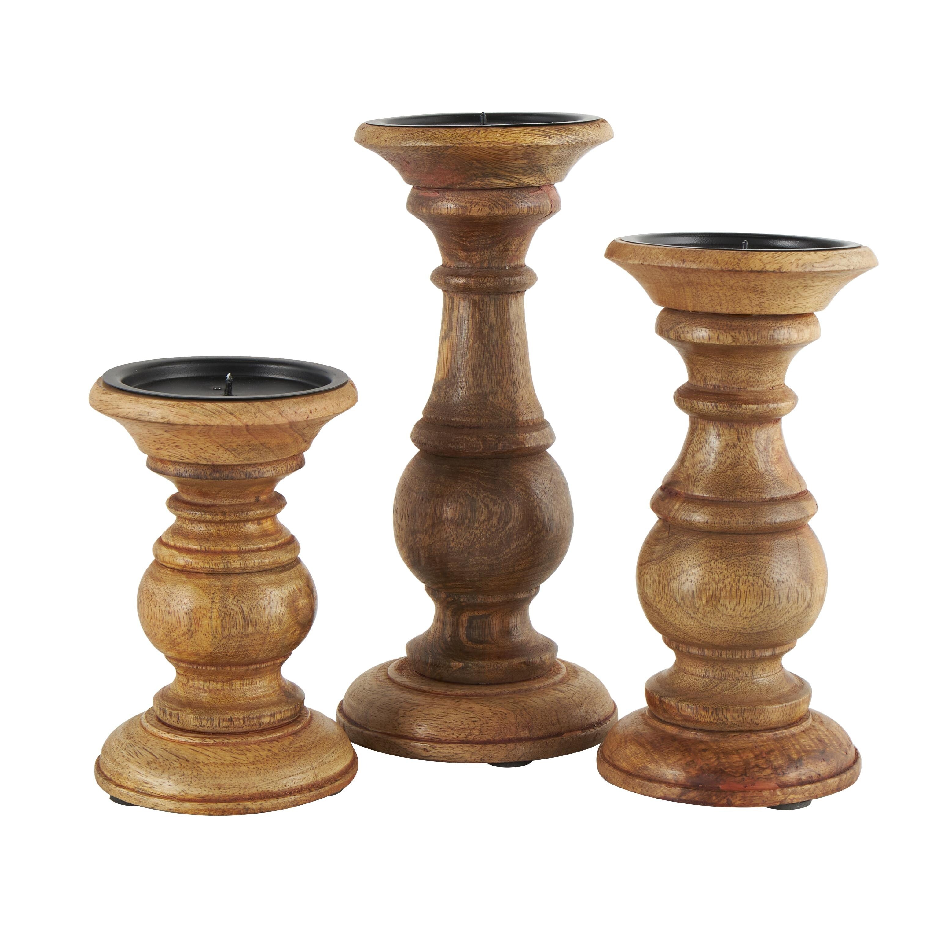 Mango Wood Turned Style Pillar Candle Holder (Set of 3) - White, Brown, Gold, Black, Light Blue, Cream, Silver