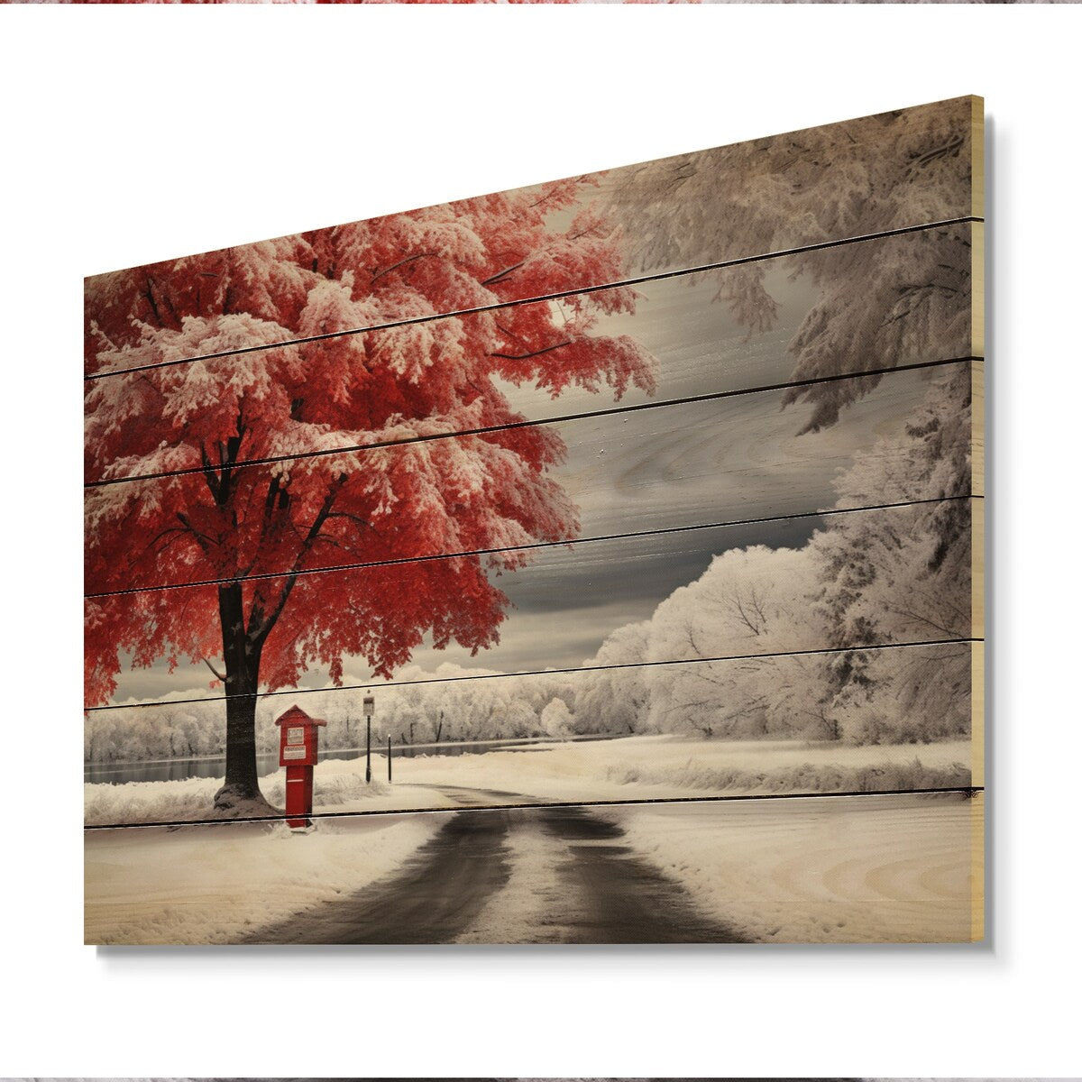 Designart Red and White Winter Silent Symphony I Floral Print on Natural Pine Wood