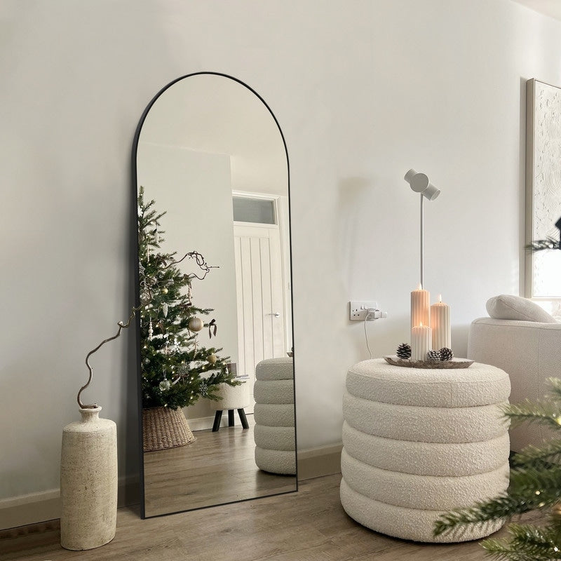 Modern Glam Arched-Top Full Length Floor Mirror Wood Frame with Stand